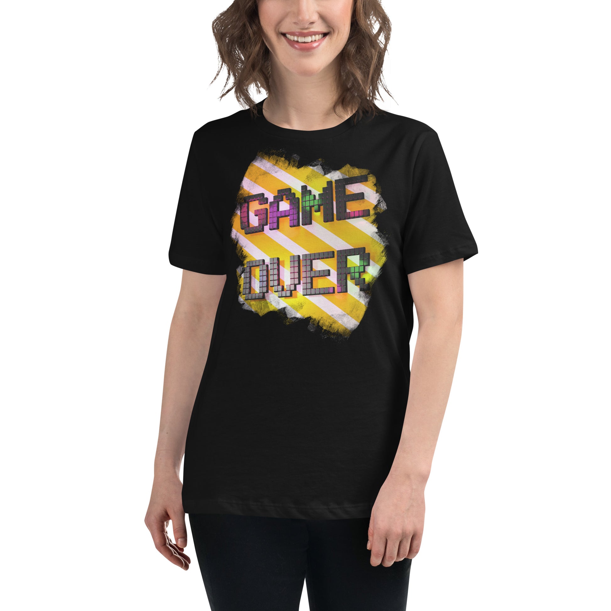 “Game Over” Vibrant Pixel Black Motivational Women’s T-Shirt Lifestyle