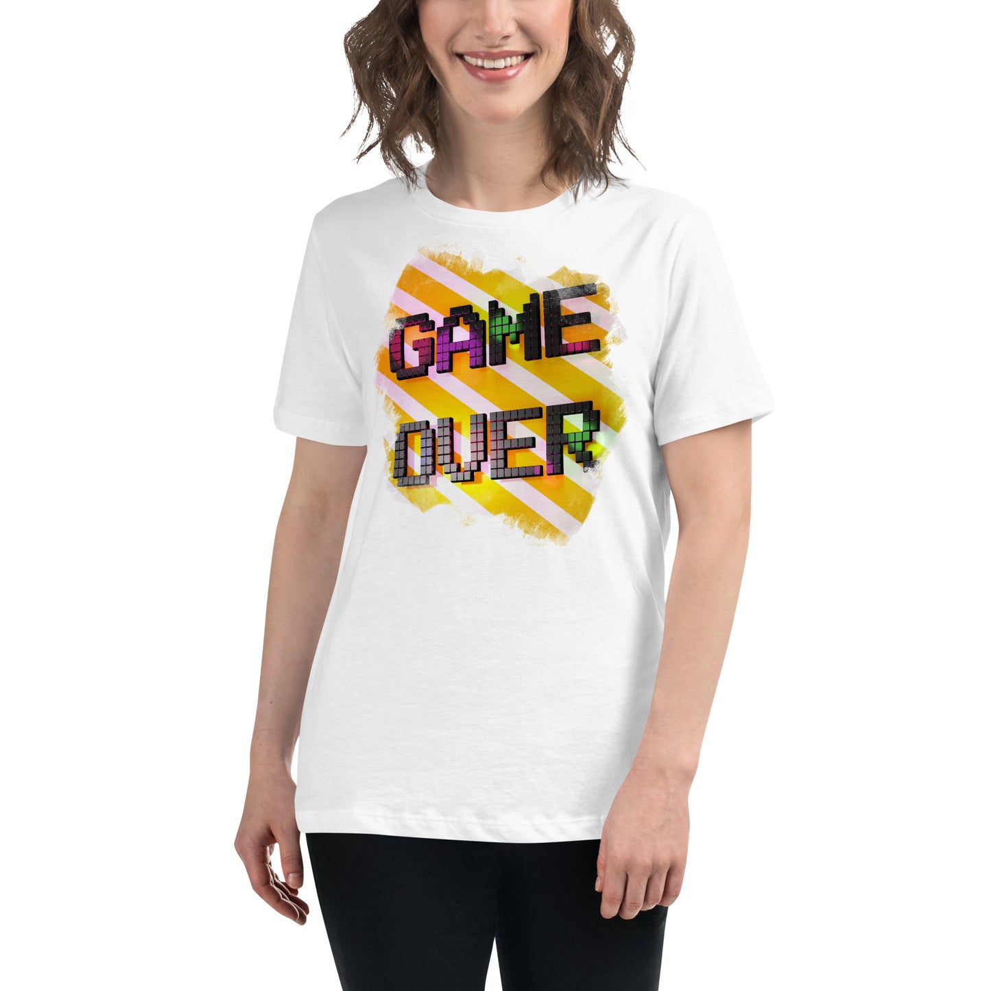 “Game Over” Vibrant Pixel White Motivational Women’s T-Shirt Lifestyle
