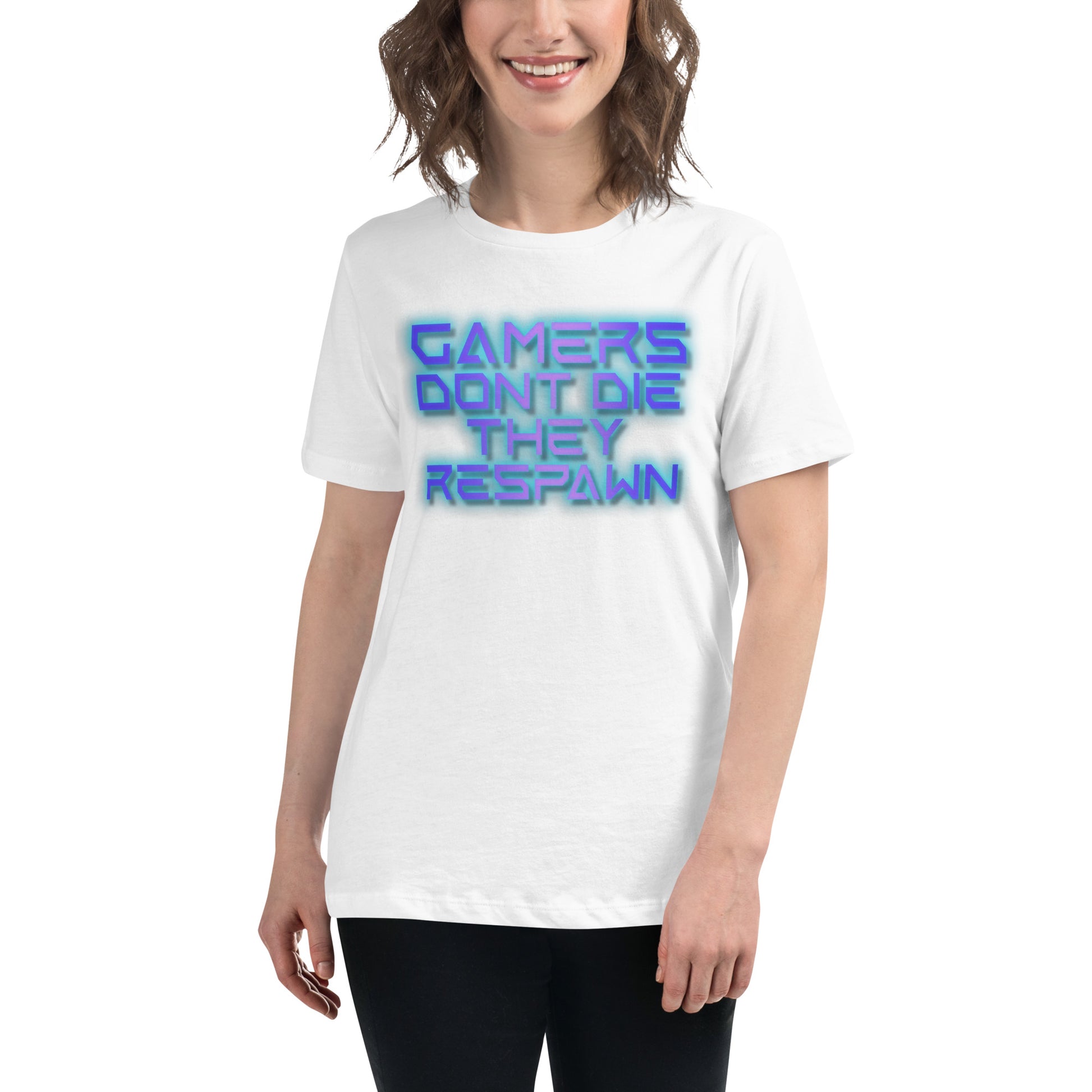 Gamers Don’t Die Glow – Neon Cyberpunk Gaming White Motivational Women’s T-Shirt Lifestyle