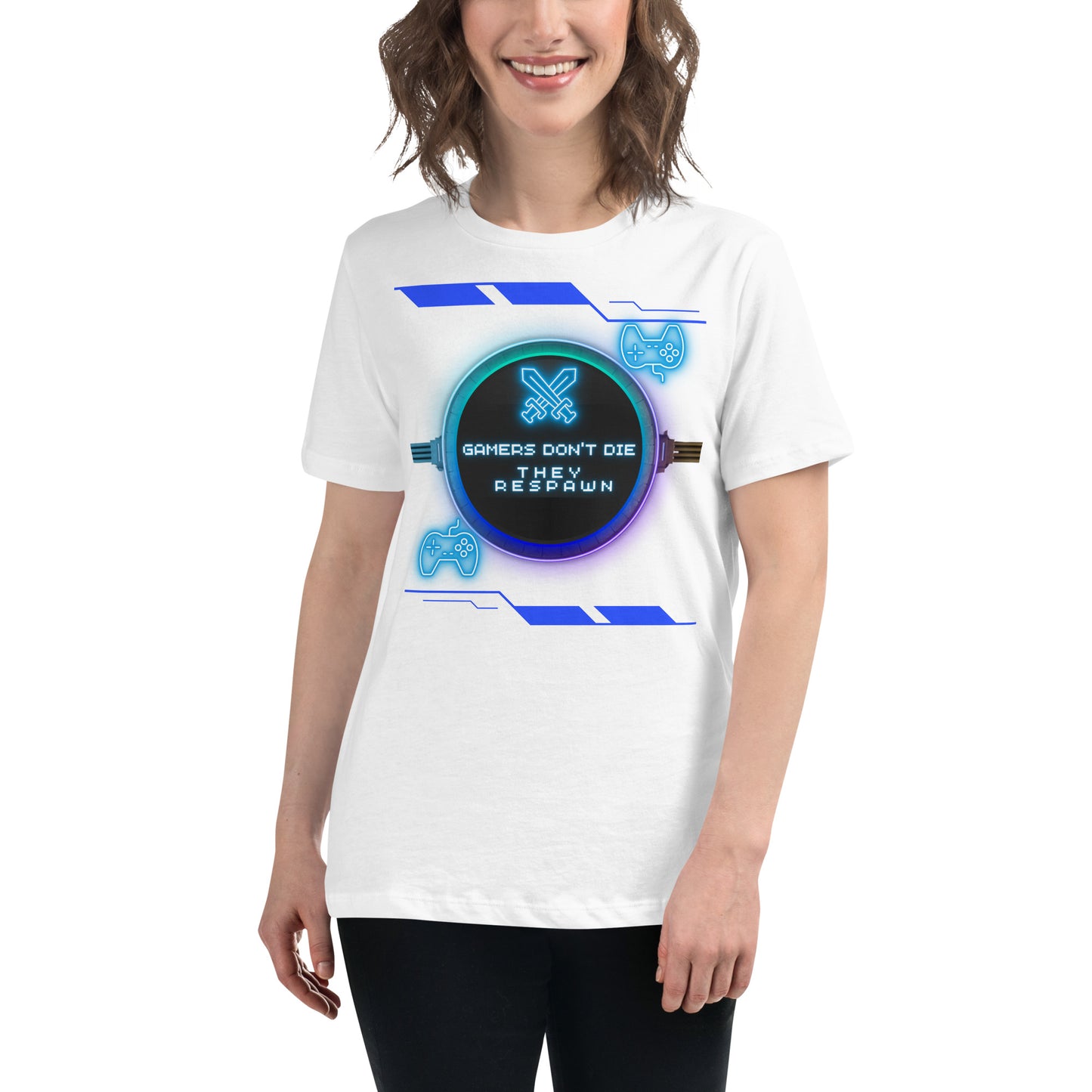 Gamers Don't Die, They Respawn - Neon White Motivational Women’s T-Shirt Lifestyle