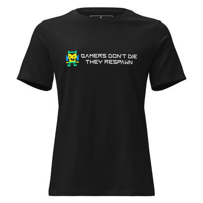Gamers Don’t Die, They Respawn - Pixelated Hero Black Motivational Women’s T-Shirt