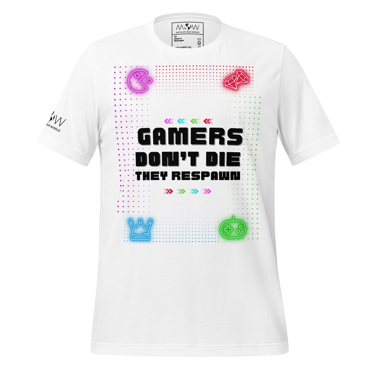 Gamers Don’t Die They Respawn – Neon Pixel Gamer White Motivational Men's T-Shirt
