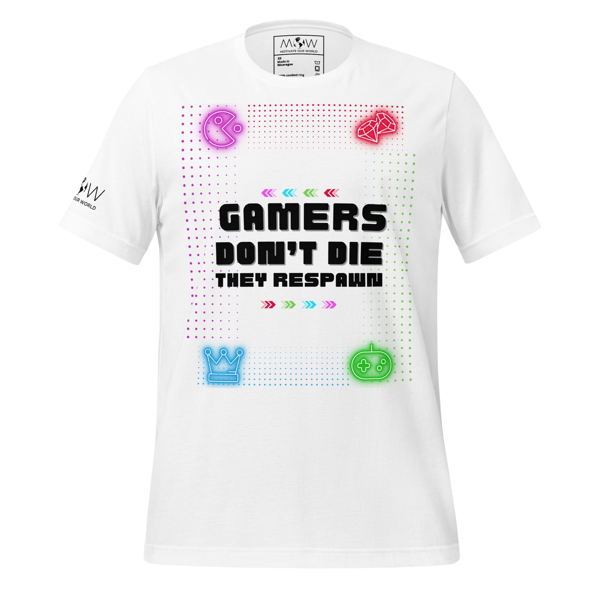 Gamers Don’t Die They Respawn – Neon Pixel Gamer White Motivational Men's T-Shirt