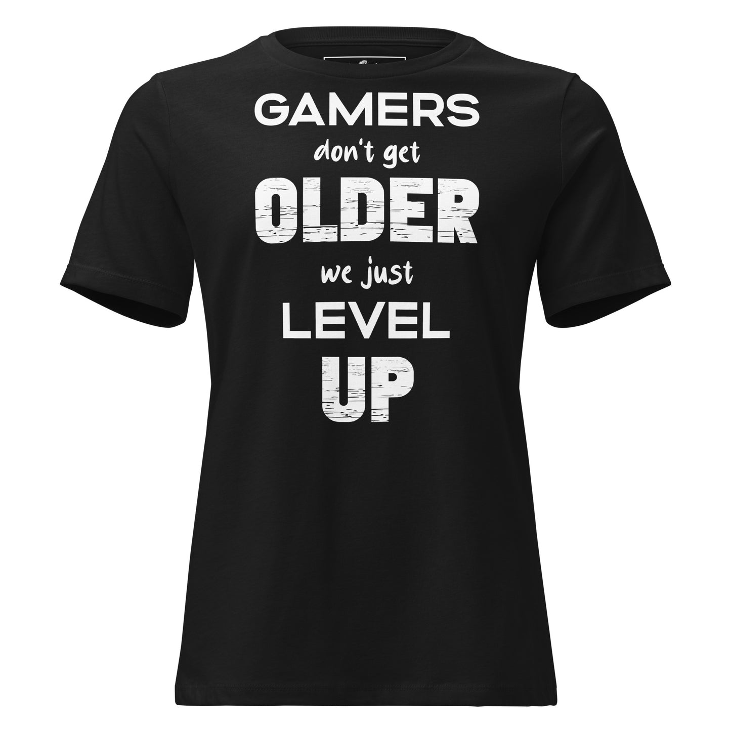 Gamers Level Up – Glitch Text Edition Black Motivational Women’s T-Shirt