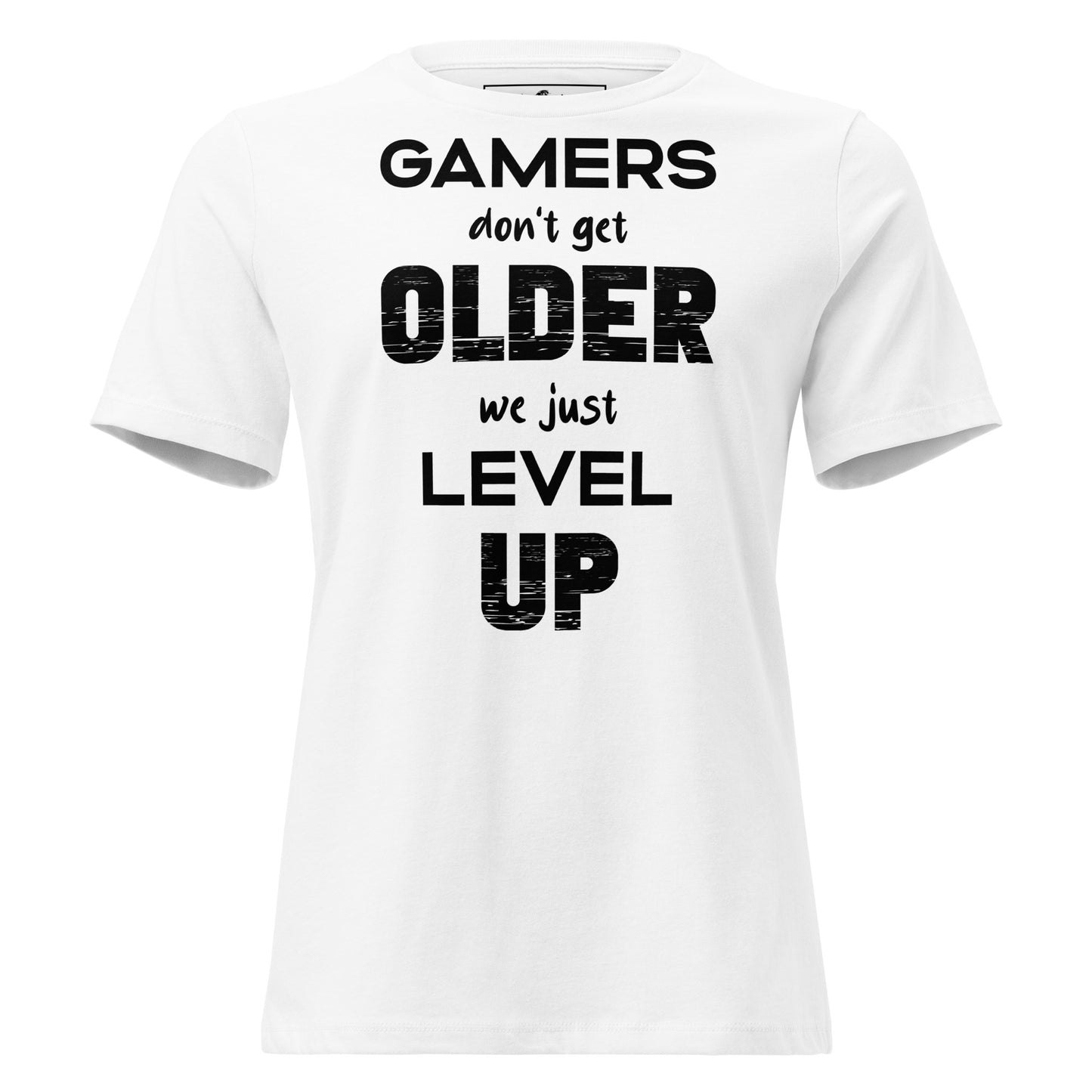 Gamers Level Up – Glitch Text Edition White Motivational Women’s T-Shirt