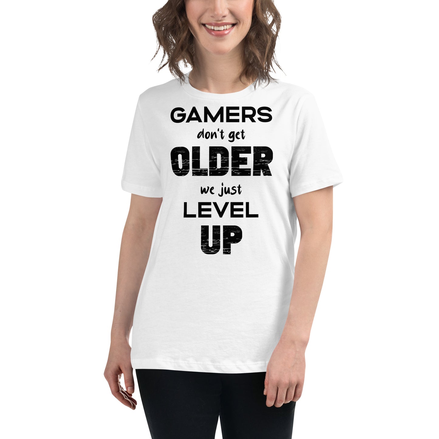 Gamers Level Up – Glitch Text Edition White Motivational Women’s T-Shirt Lifestyle