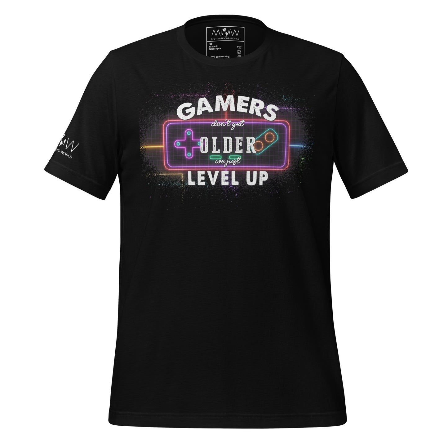 Gamers Level Up – Neon Arcade Edition Black Motivational Men's T-Shirt