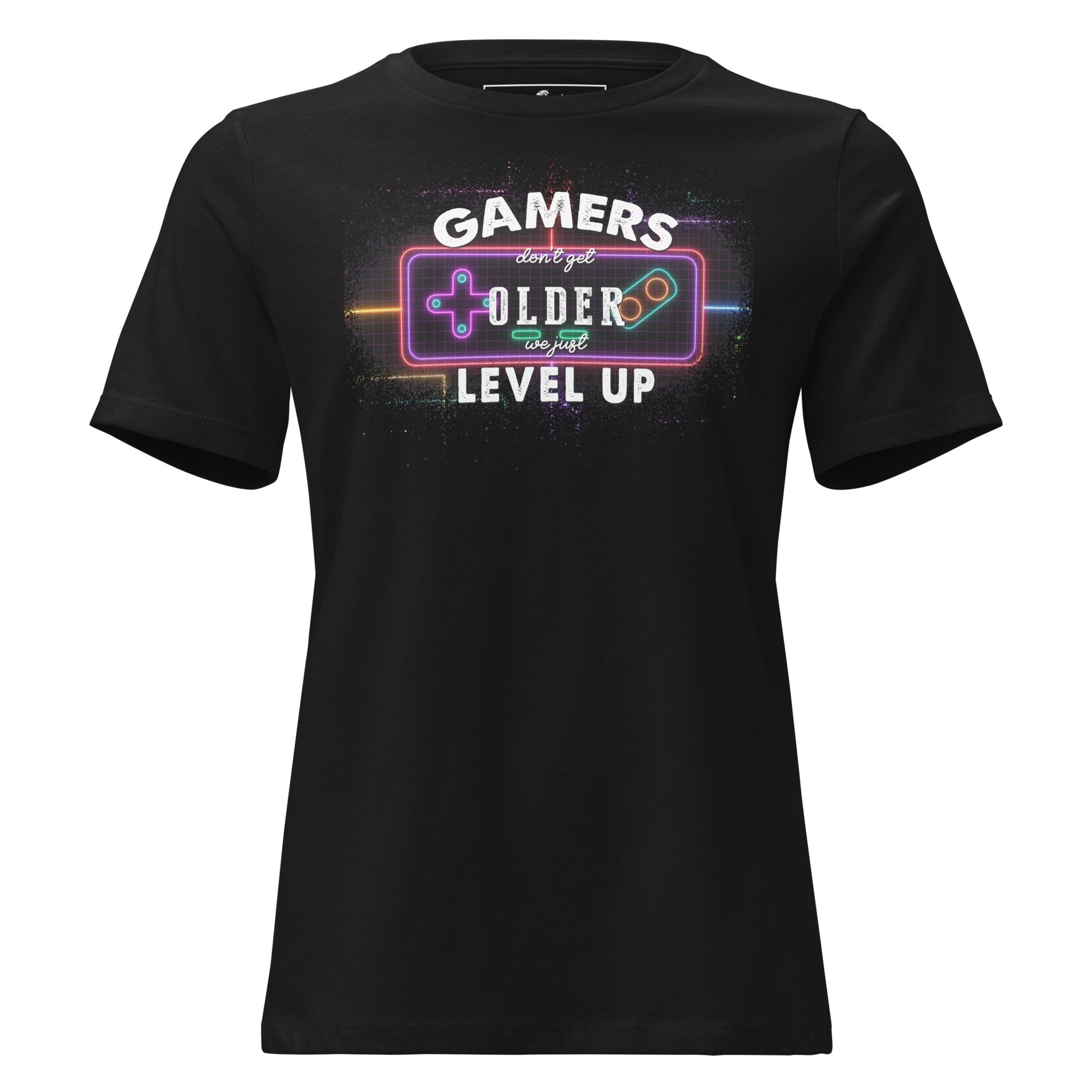 Gamers Level Up – Neon Arcade Edition Black Motivational Women’s T-Shirt