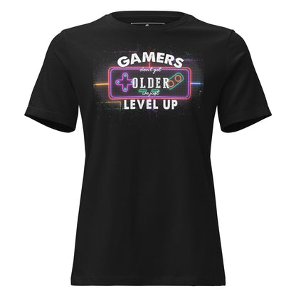 Gamers Level Up – Neon Arcade Edition Black Motivational Women’s T-Shirt