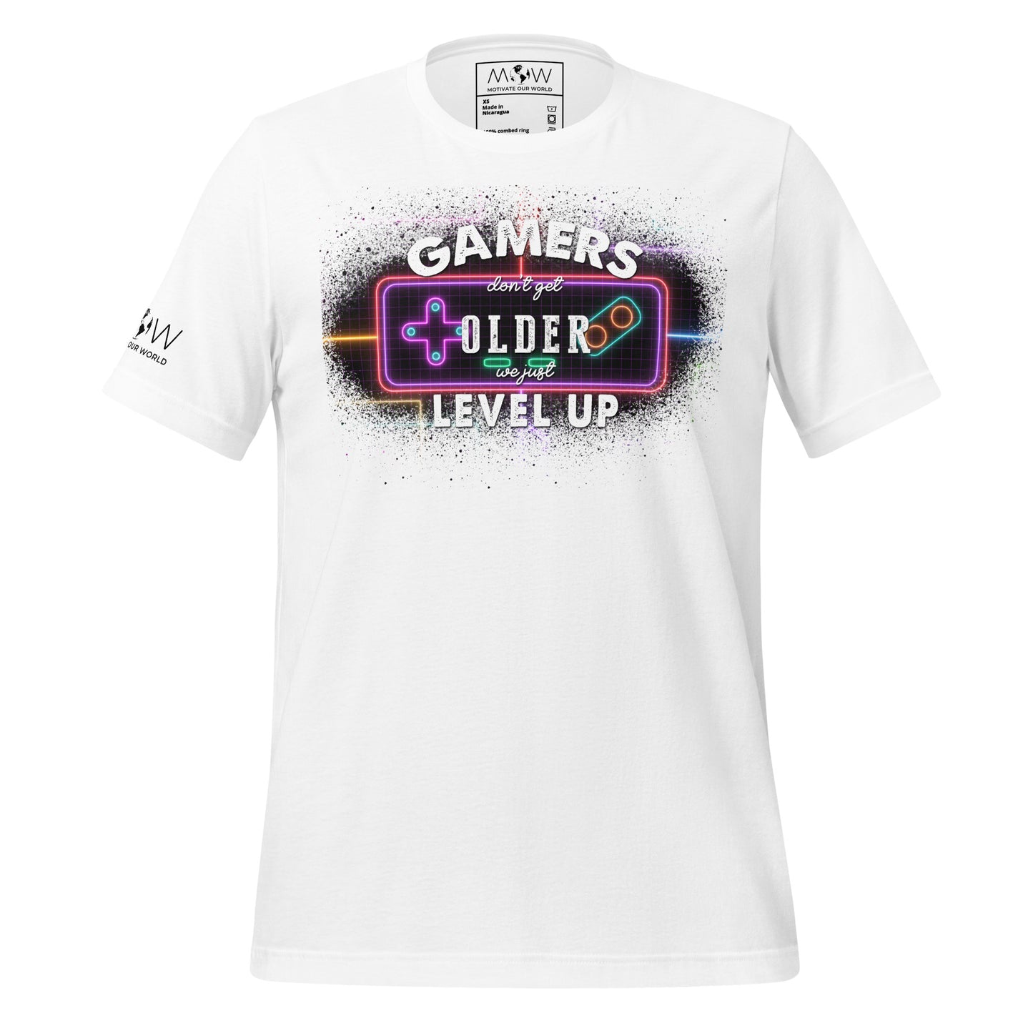 Gamers Level Up – Neon Arcade Edition White Motivational Men's T-Shirt