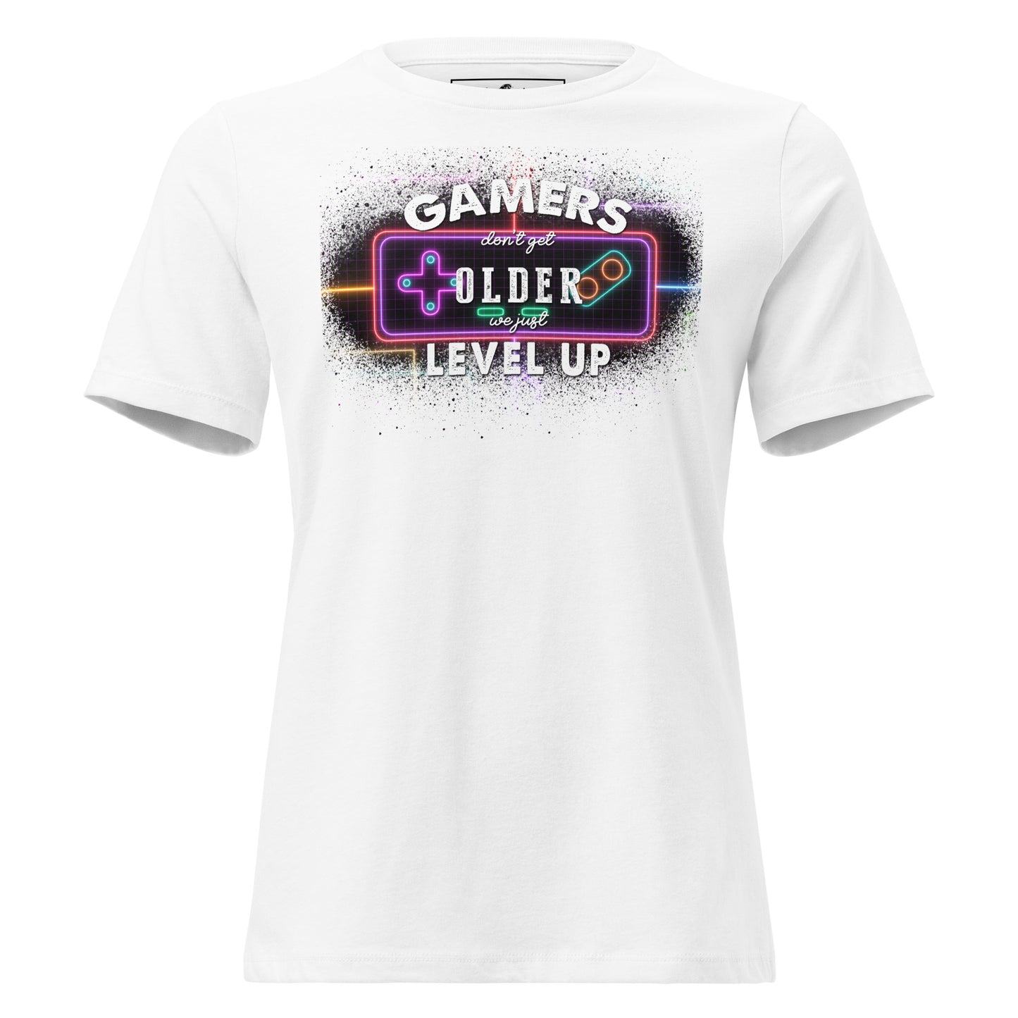Gamers Level Up – Neon Arcade Edition White Motivational Women’s T-Shirt