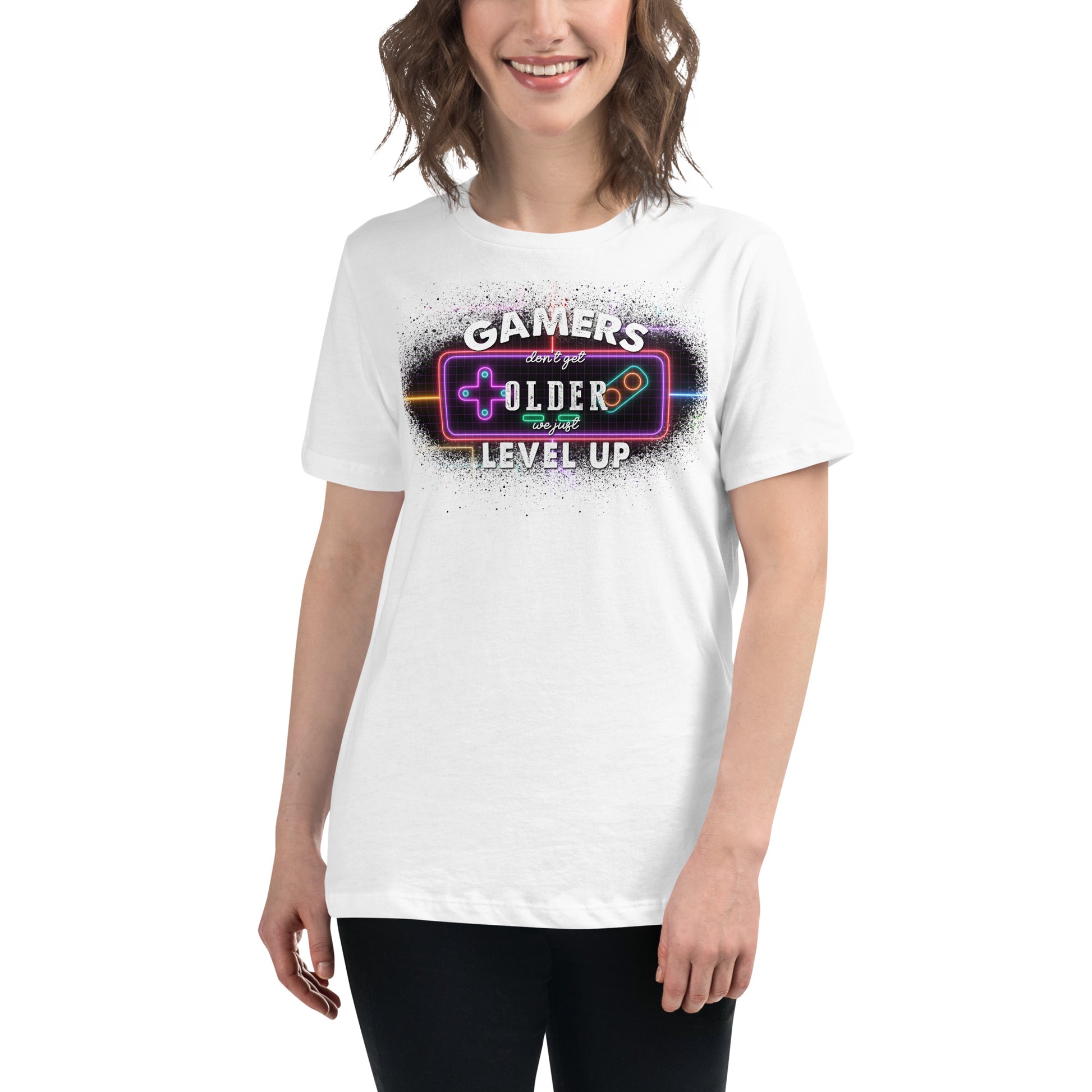 Gamers Level Up – Neon Arcade Edition White Motivational Women’s T-Shirt Lifestyle