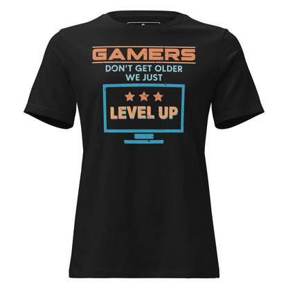 Gamers Level Up – Screen Mode Edition Black Motivational Women’s T-Shirt