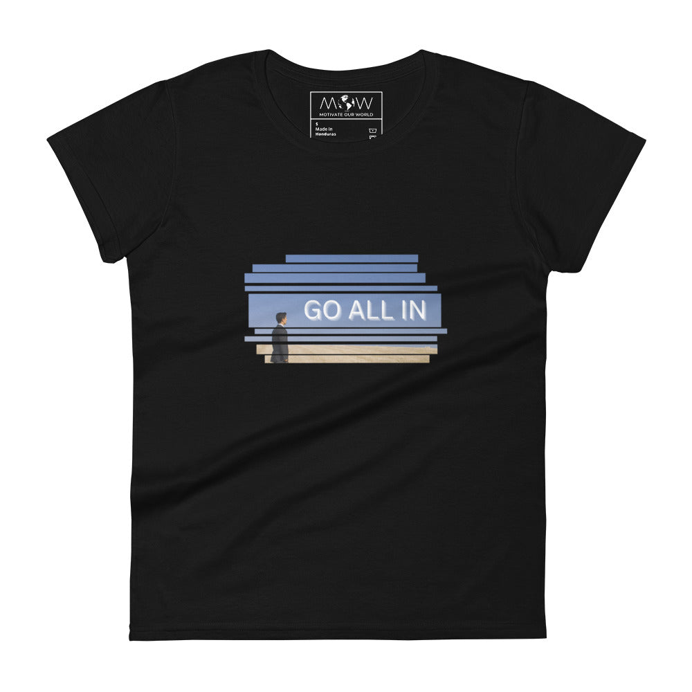 Go All In Striped Design Women’s Motivational Black T-Shirt