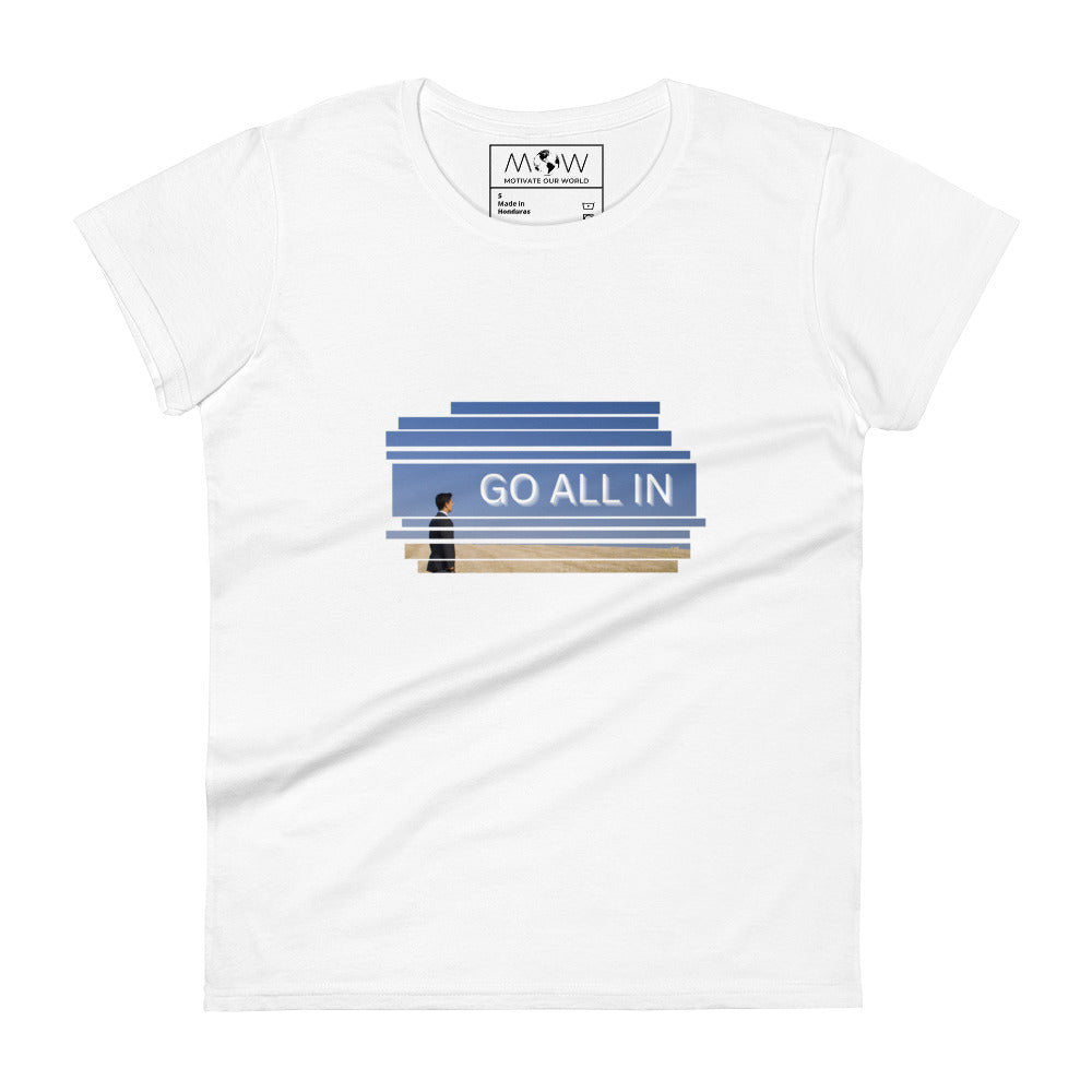 Go All In Striped Design Women’s Motivational White T-Shirt