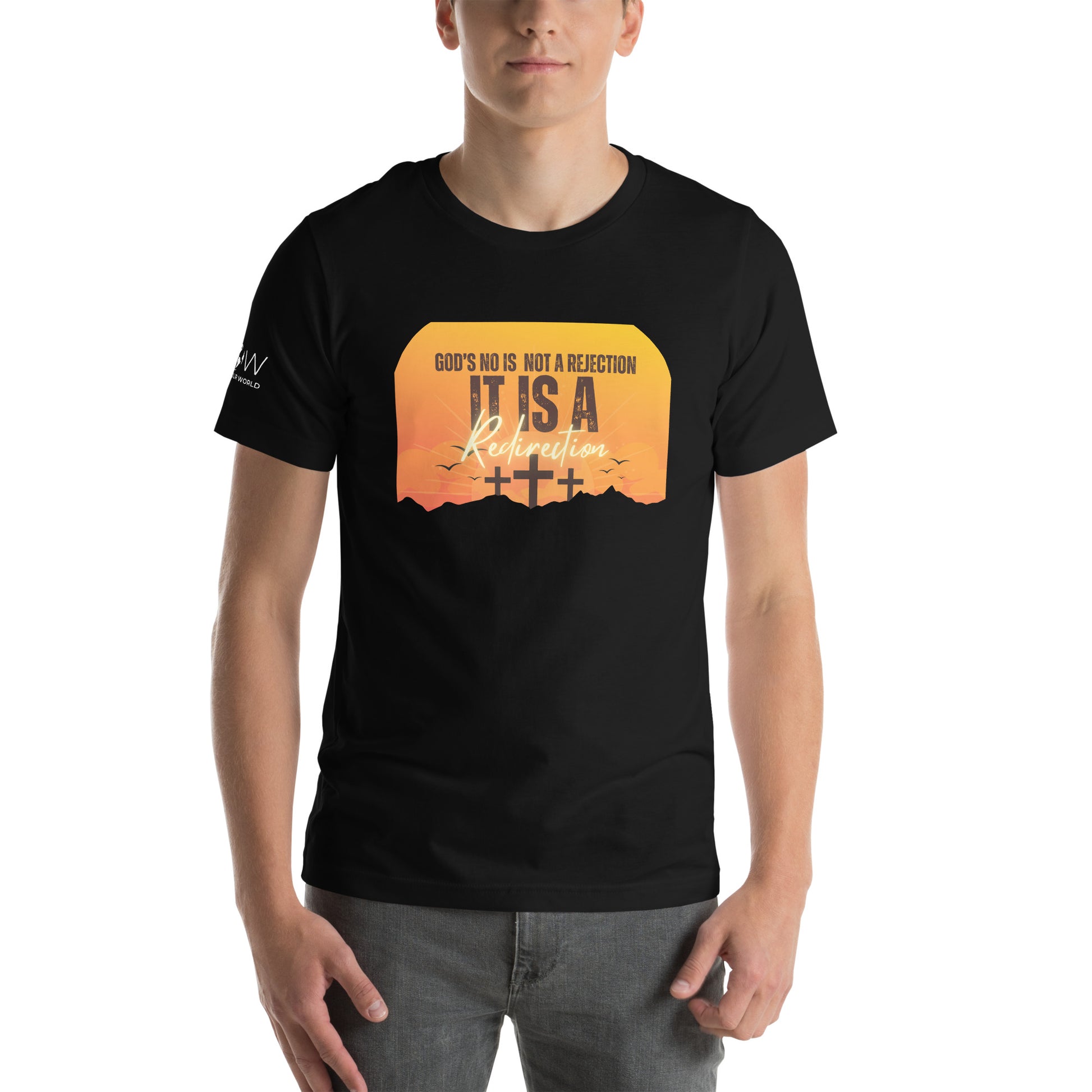 God’s No Is Not a Rejection, It Is a Redirection (Sunset Cross Design) Men's Motivational Black T-Shirt