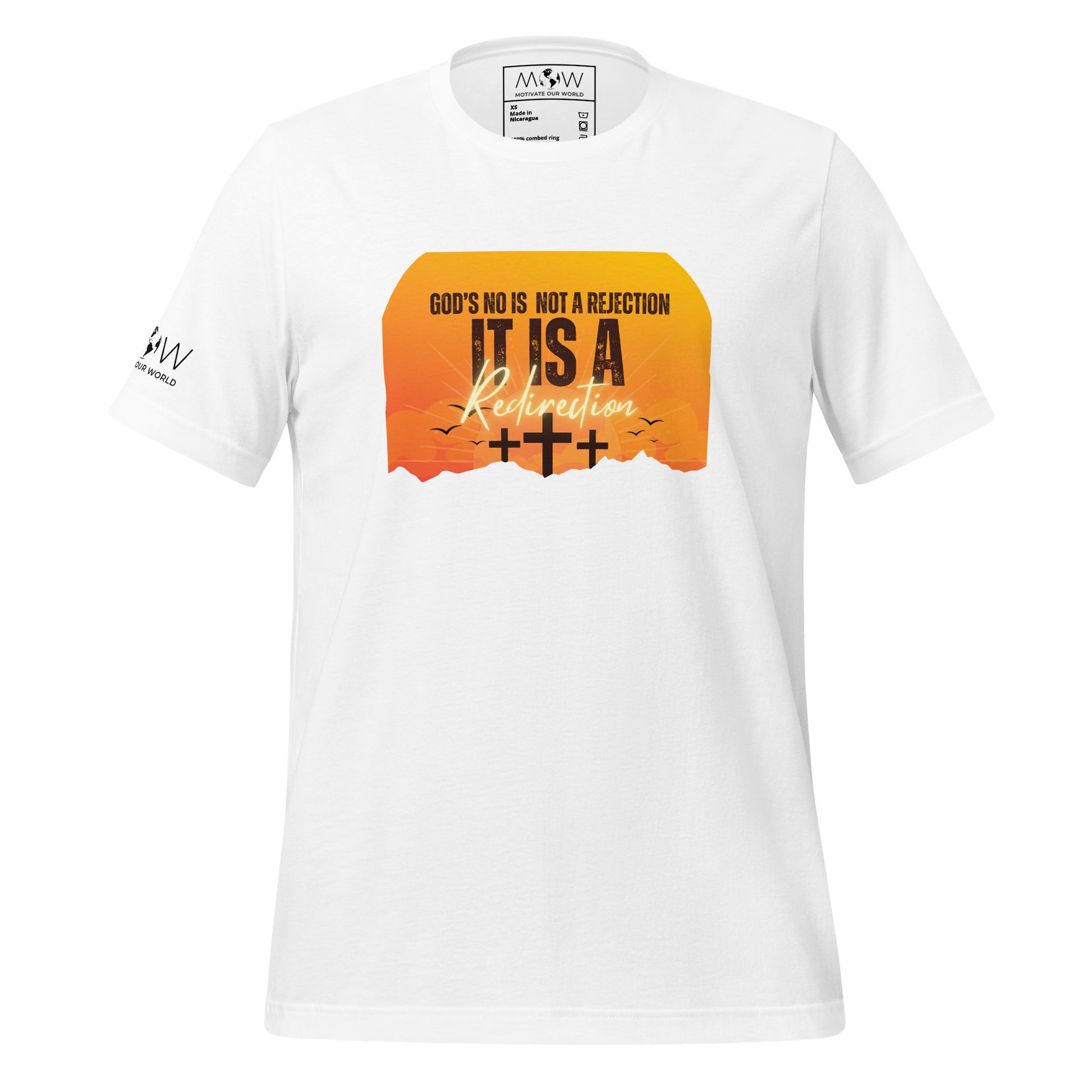 God’s No Is Not a Rejection, It Is a Redirection (Sunset Cross Design) Men's Motivational White T-Shirt