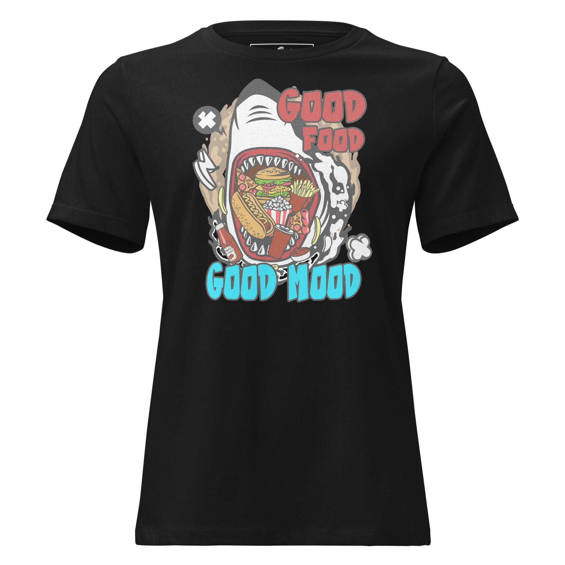 "Good Food, Good Mood – Shark Edition" Black Motivational Women’s T-Shirt