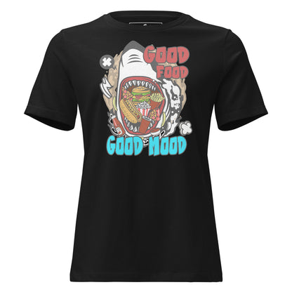 "Good Food, Good Mood – Shark Edition" Black Motivational Women’s T-Shirt