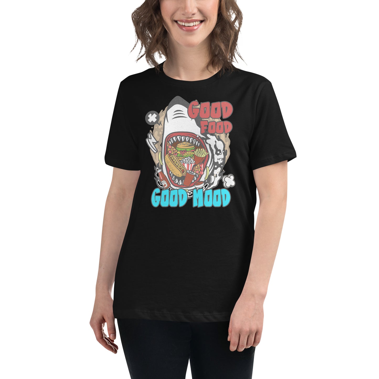 "Good Food, Good Mood – Shark Edition" Black Motivational Women’s T-Shirt Lifestyle