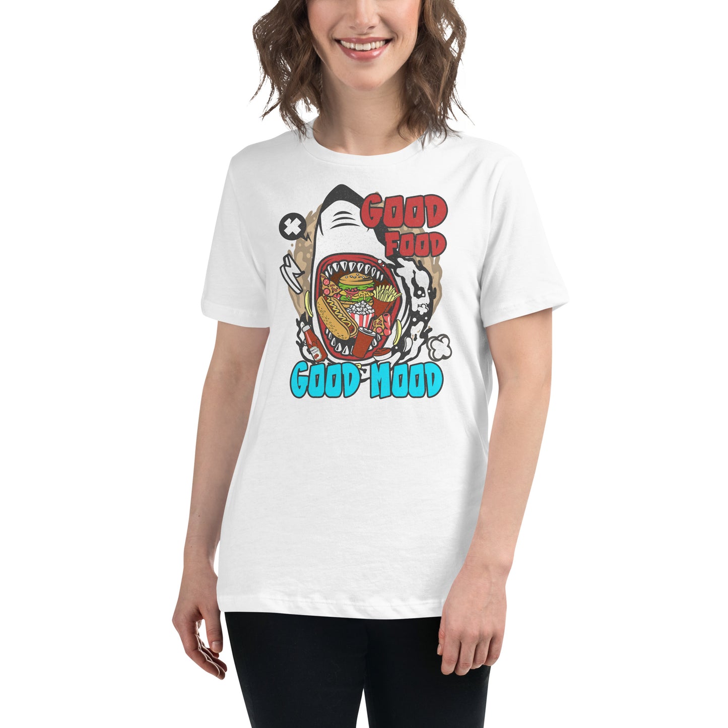 "Good Food, Good Mood – Shark Edition" White Motivational Women’s T-Shirt Lifestyle