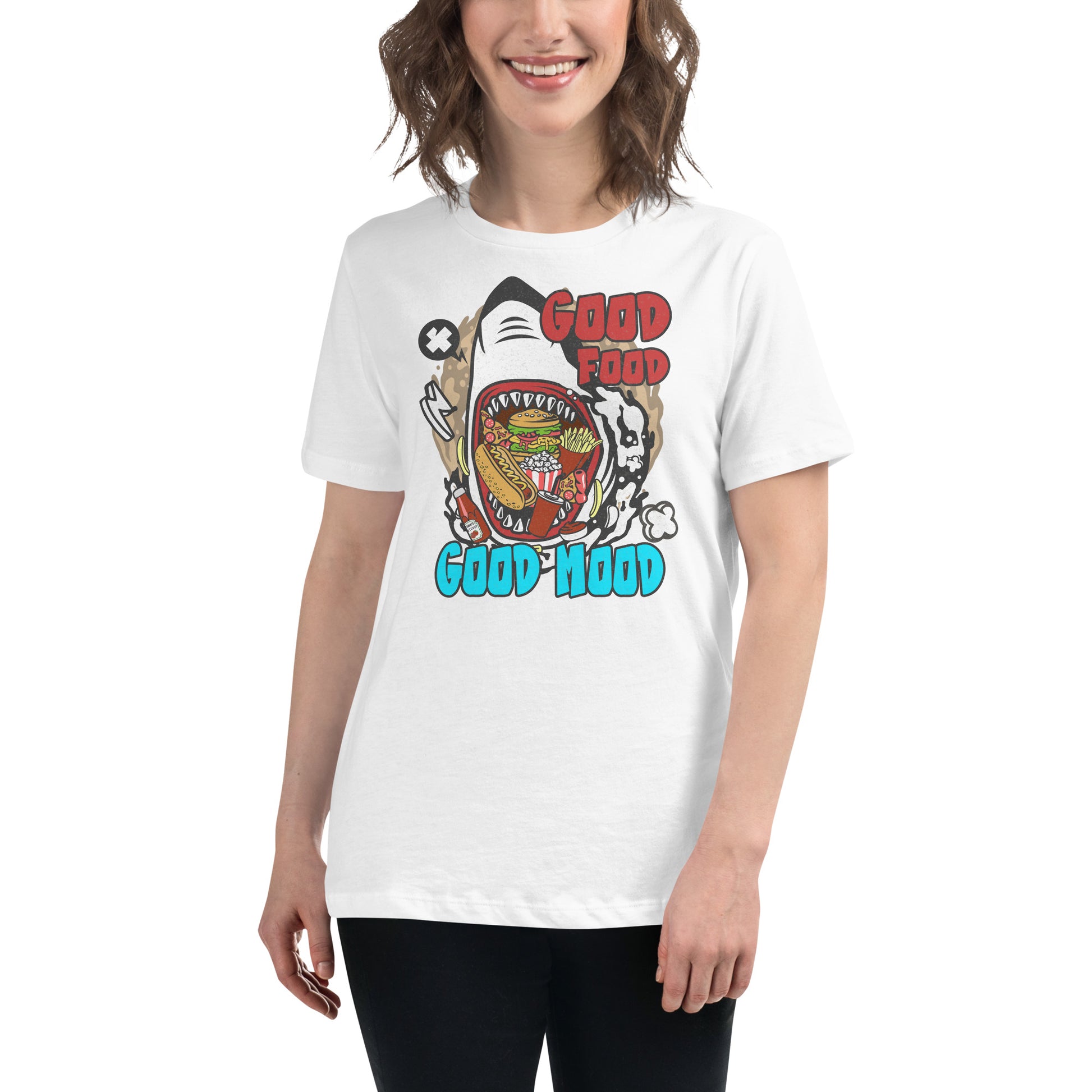 "Good Food, Good Mood – Shark Edition" White Motivational Women’s T-Shirt Lifestyle