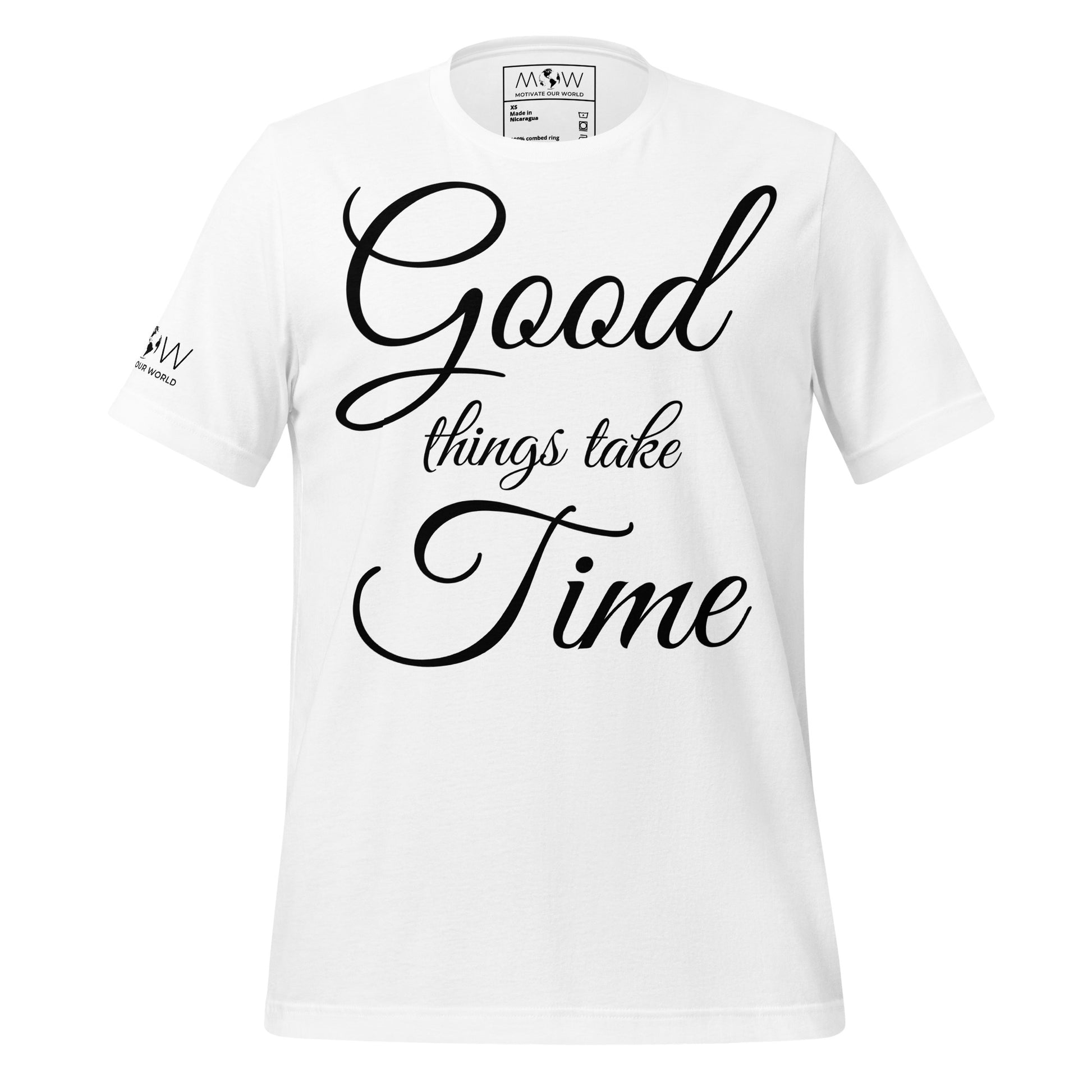 Good Things Take Time – Elegant Script Edition White Motivational Men's T-Shirt