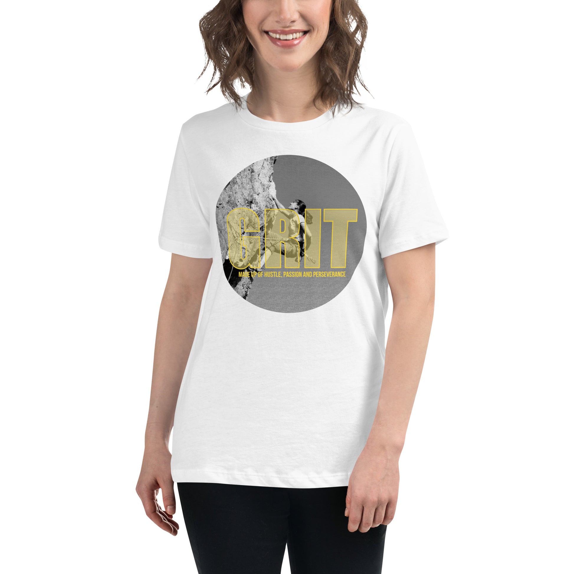 Grit: Made Up of Hustle, Passion, and Perseverance White Motivational Women’s T-Shirt Lifestyle