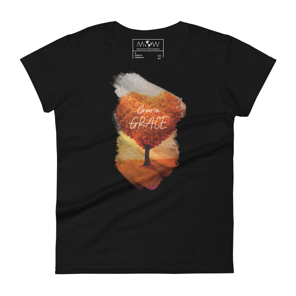 Grow in Grace Heart Tree Design Women’s Motivational Black T-Shirt