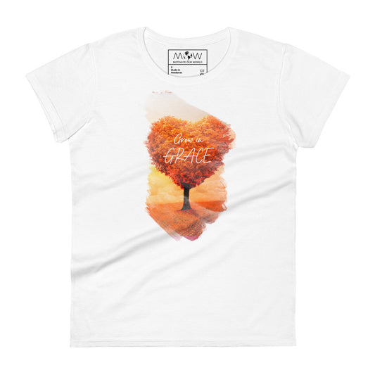 Grow in Grace Heart Tree Design Women’s Motivational White T-Shirt