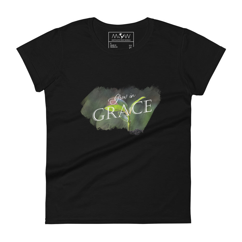 Grow in Grace Plant Design Women’s Motivational Black T-Shirt