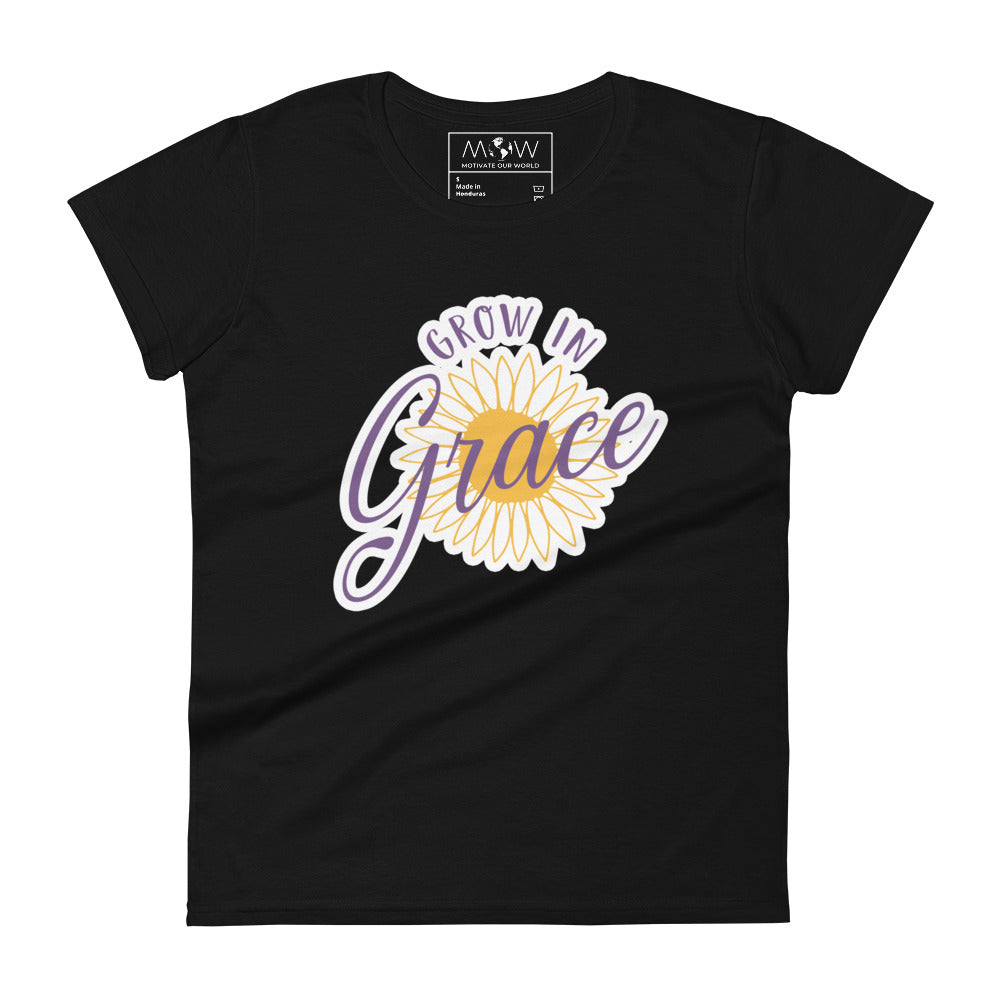 Grow in Grace Sunflower Women’s Motivational Black T-Shirt
