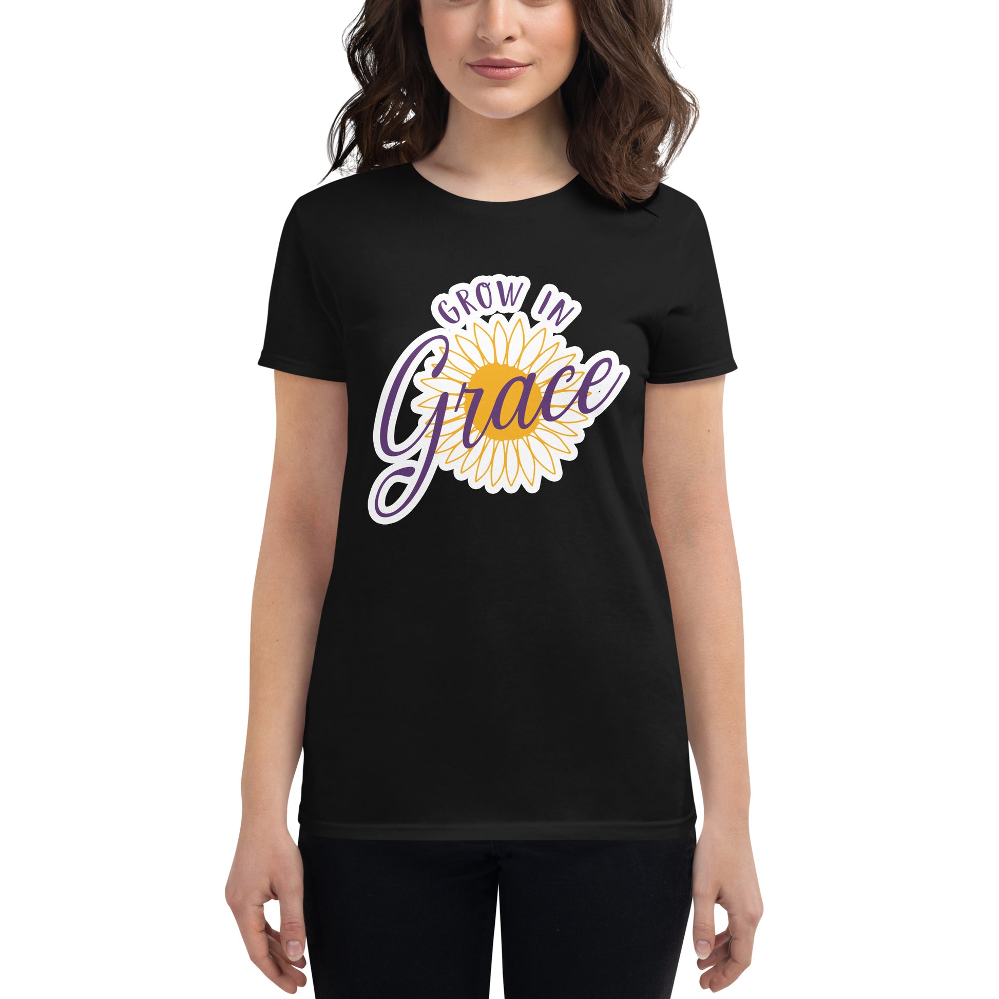 Grow in Grace Sunflower Women’s Motivational Black T-Shirt