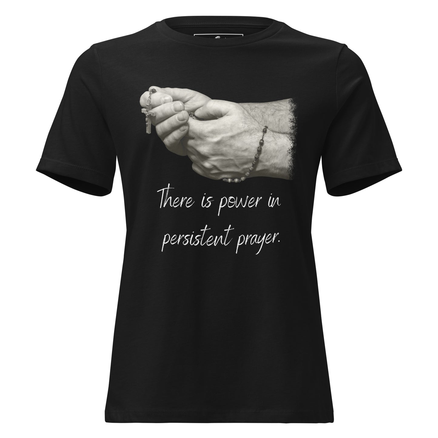 Hands in Prayer with Rosary Black Motivational Women’s T-Shirt