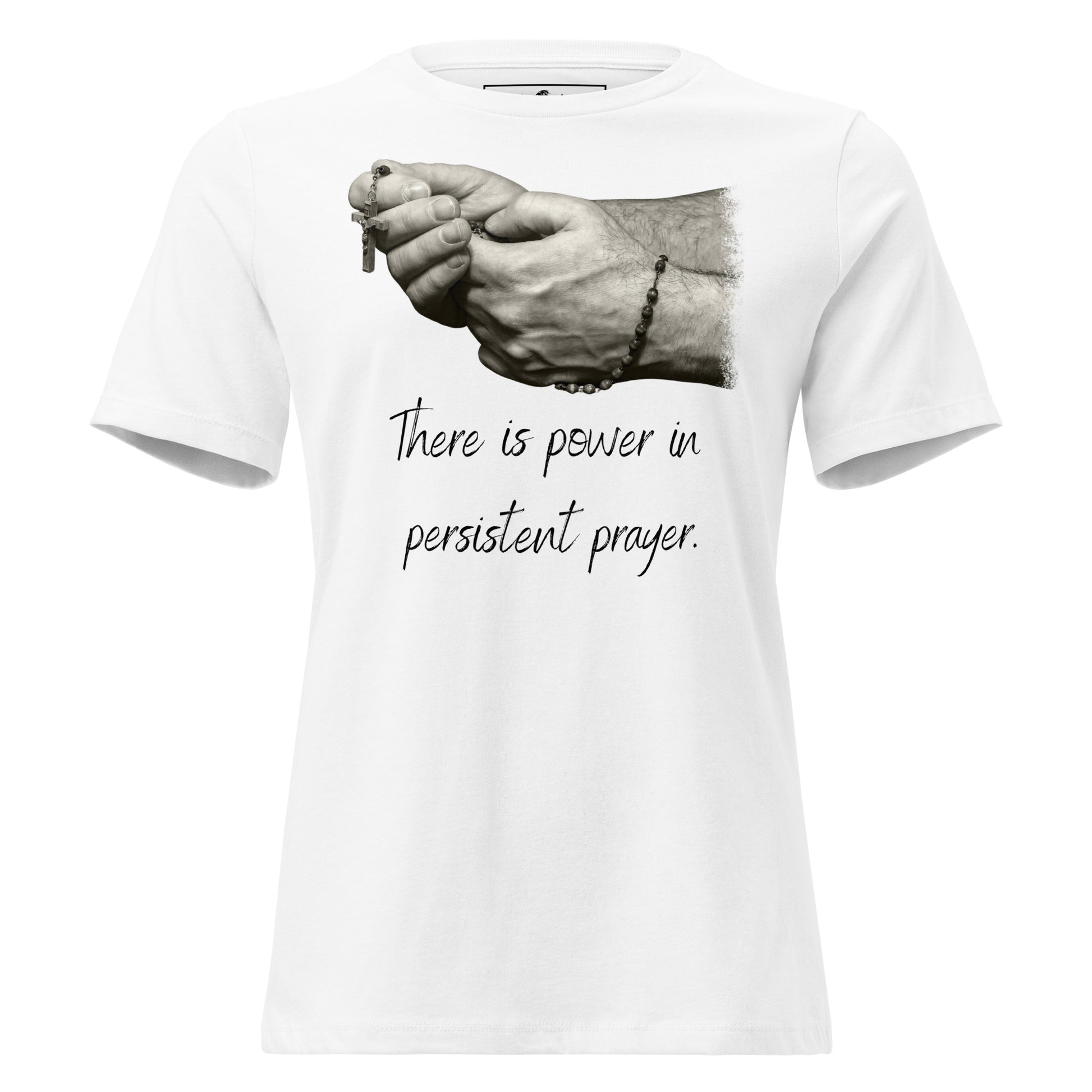 Hands in Prayer with Rosary White Motivational Women’s T-Shirt
