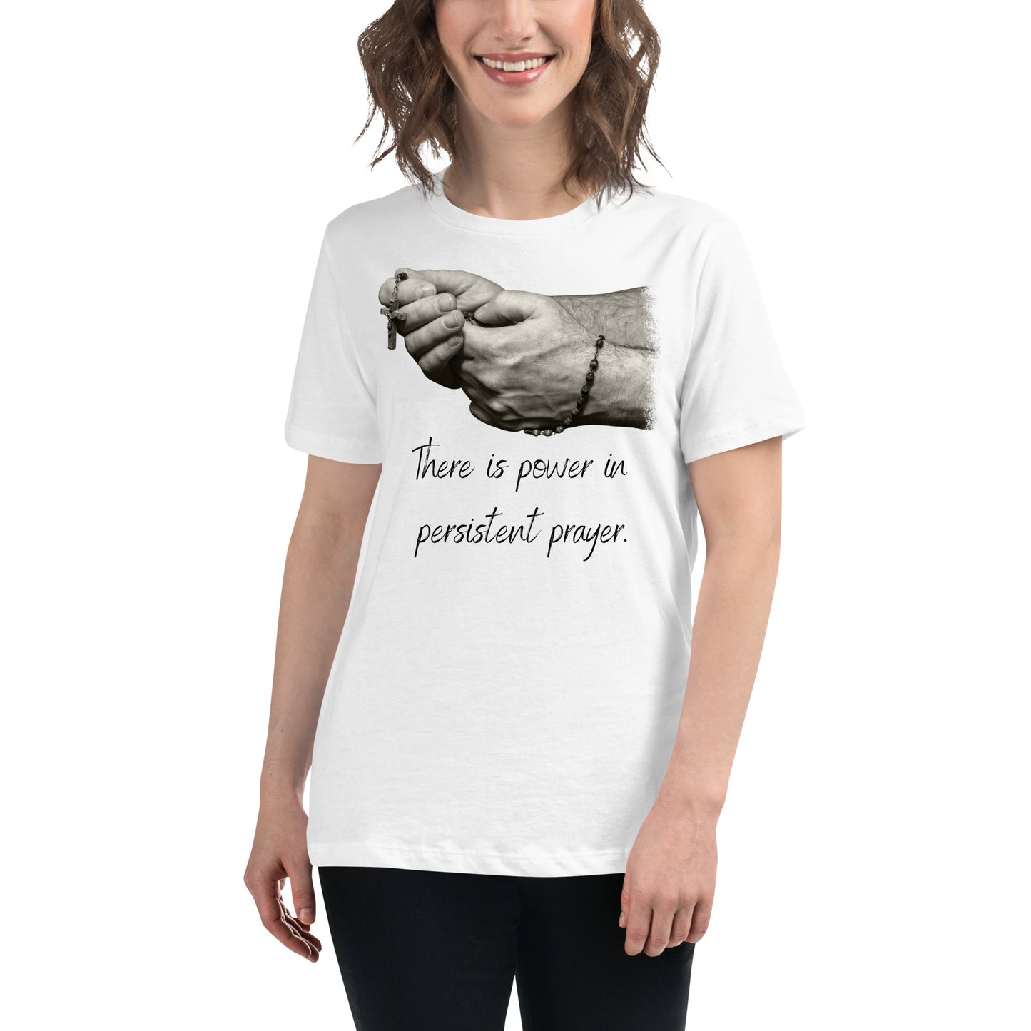 Hands in Prayer with Rosary White Motivational Women’s T-Shirt Lifestyle