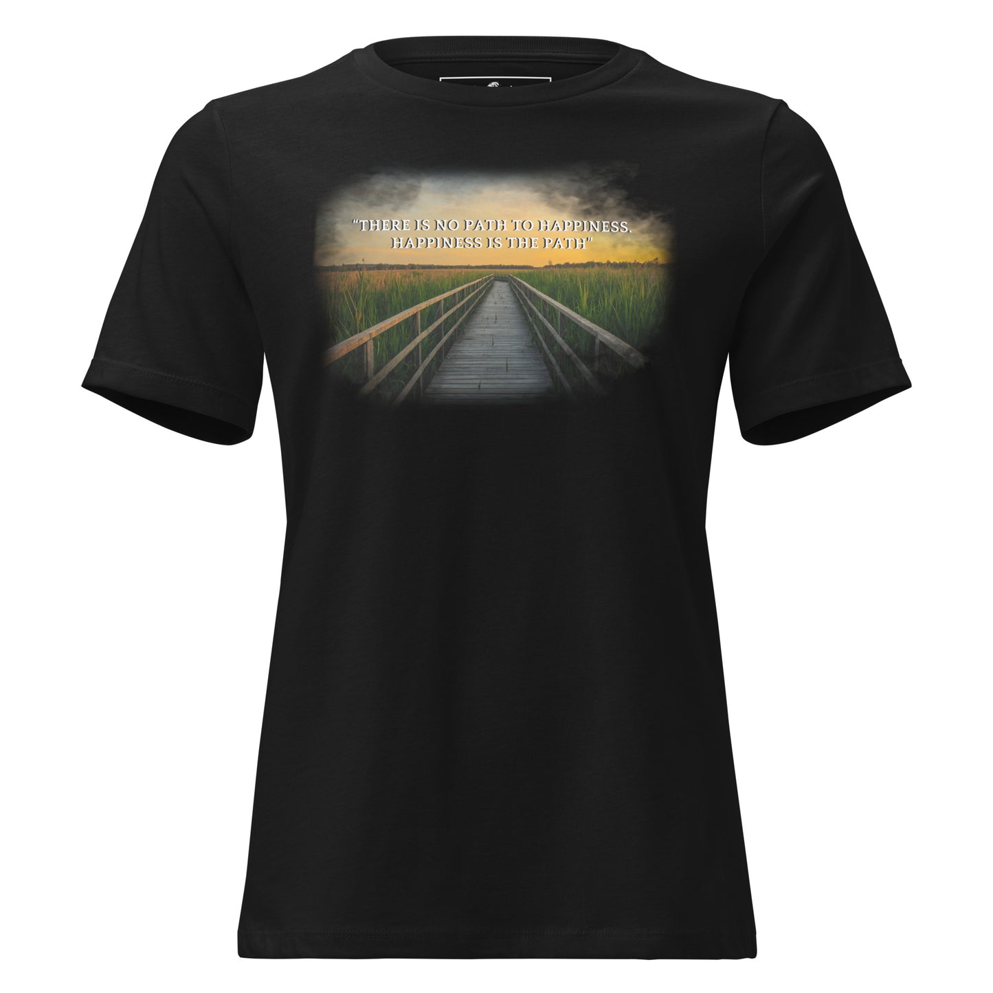 Happiness is the Path (Sunset Boardwalk Design) Black Motivational Women’s T-Shirt