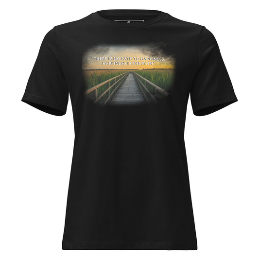 Happiness is the Path (Sunset Boardwalk Design) Black Motivational Women’s T-Shirt