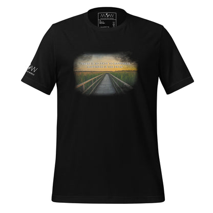 Happiness is the Path (Sunset Boardwalk Design) Men's Motivational Black T-Shirt