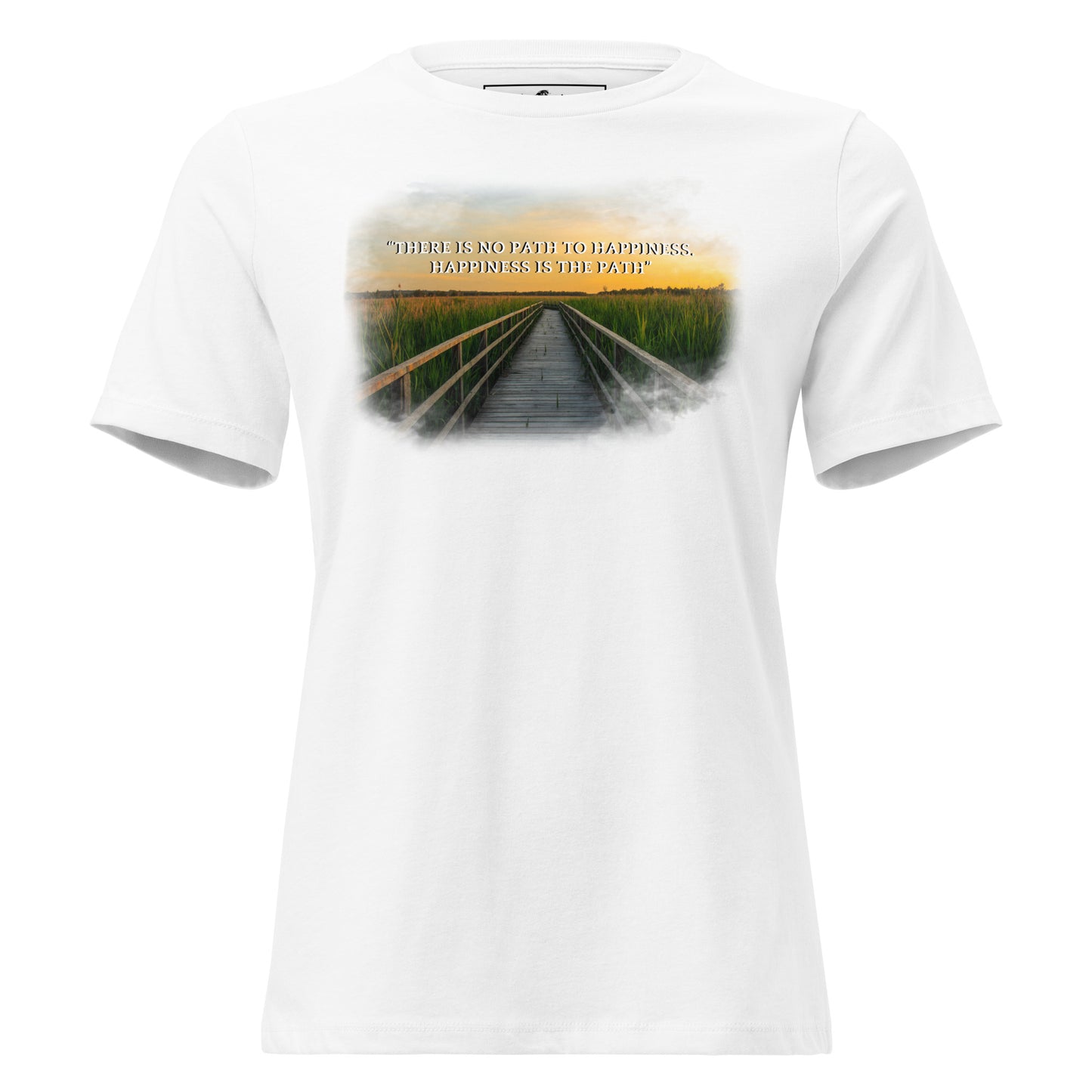Happiness is the Path (Sunset Boardwalk Design) White Motivational Women’s T-Shirt