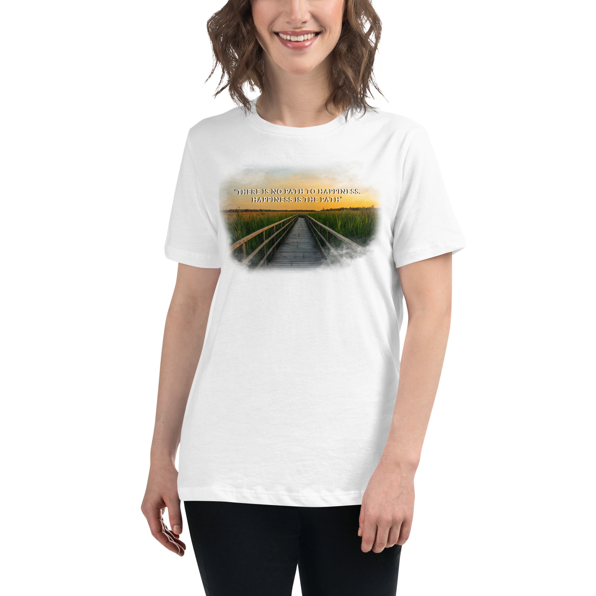 Happiness is the Path (Sunset Boardwalk Design) White Motivational Women’s T-Shirt Lifestyle