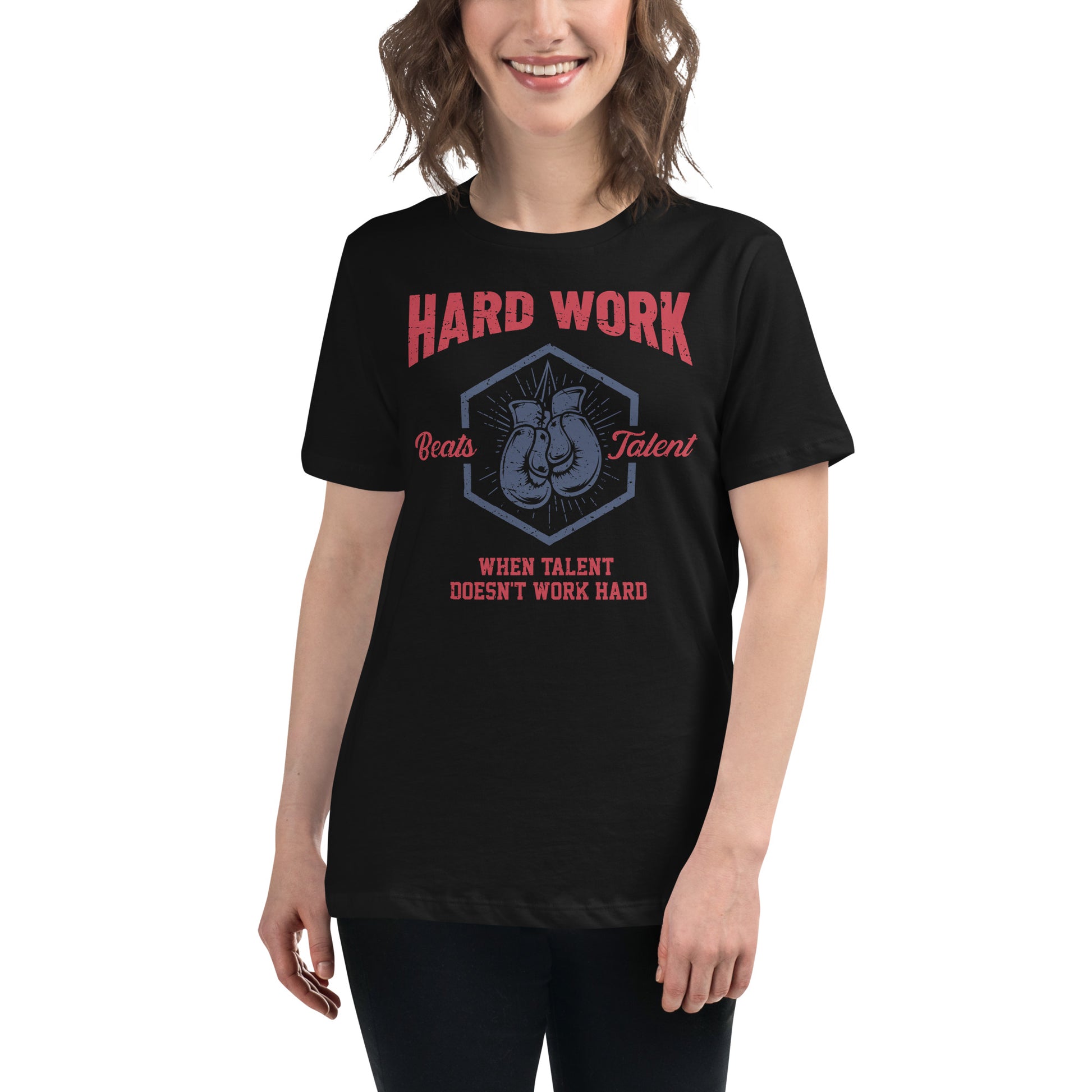 “Hard Work Beats Talent" Boxing Edition Black Motivational Women’s T-Shirt Lifestyle