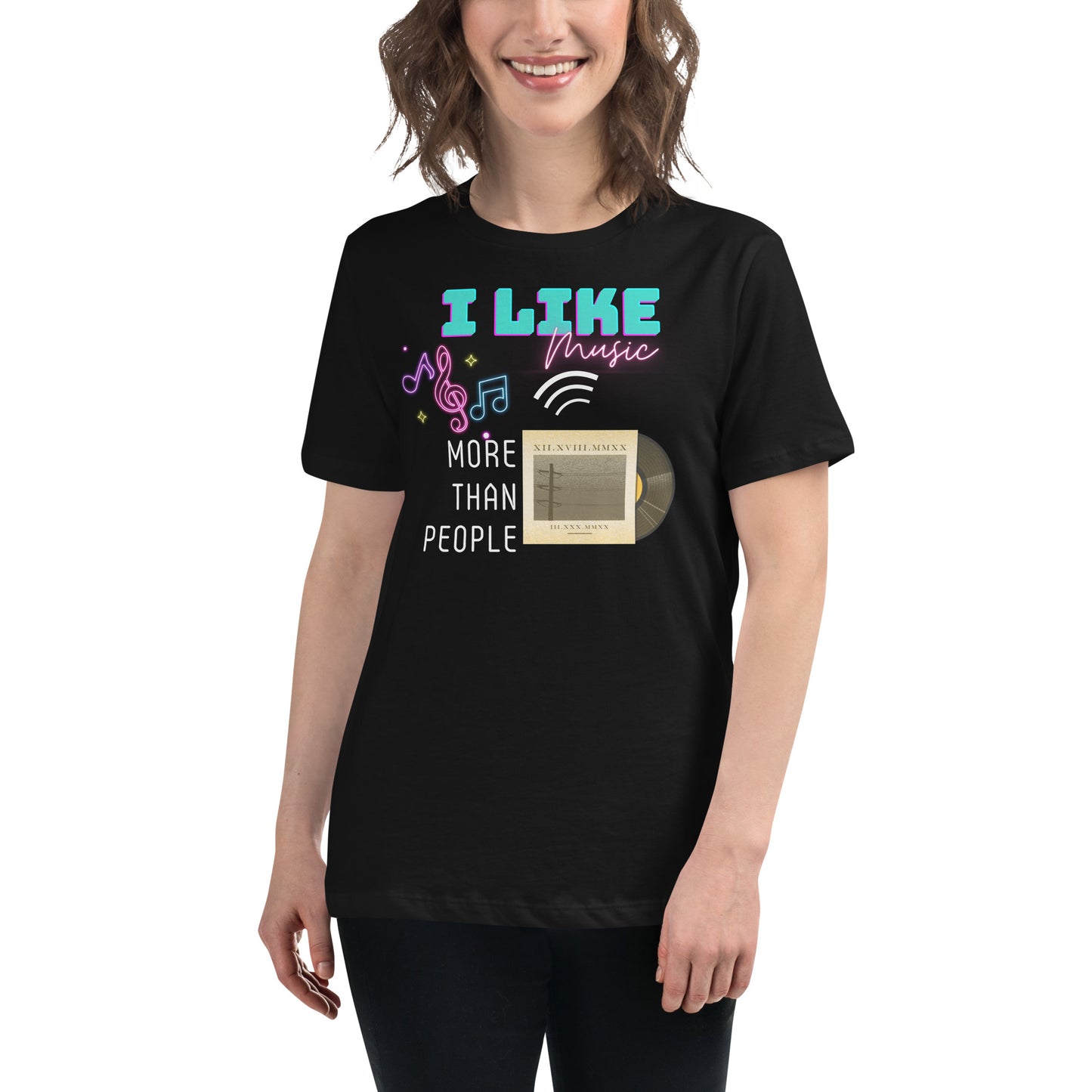 I Like Music More Than People (Vinyl Edition) Black Motivational Women’s T-Shirt Lifestyle