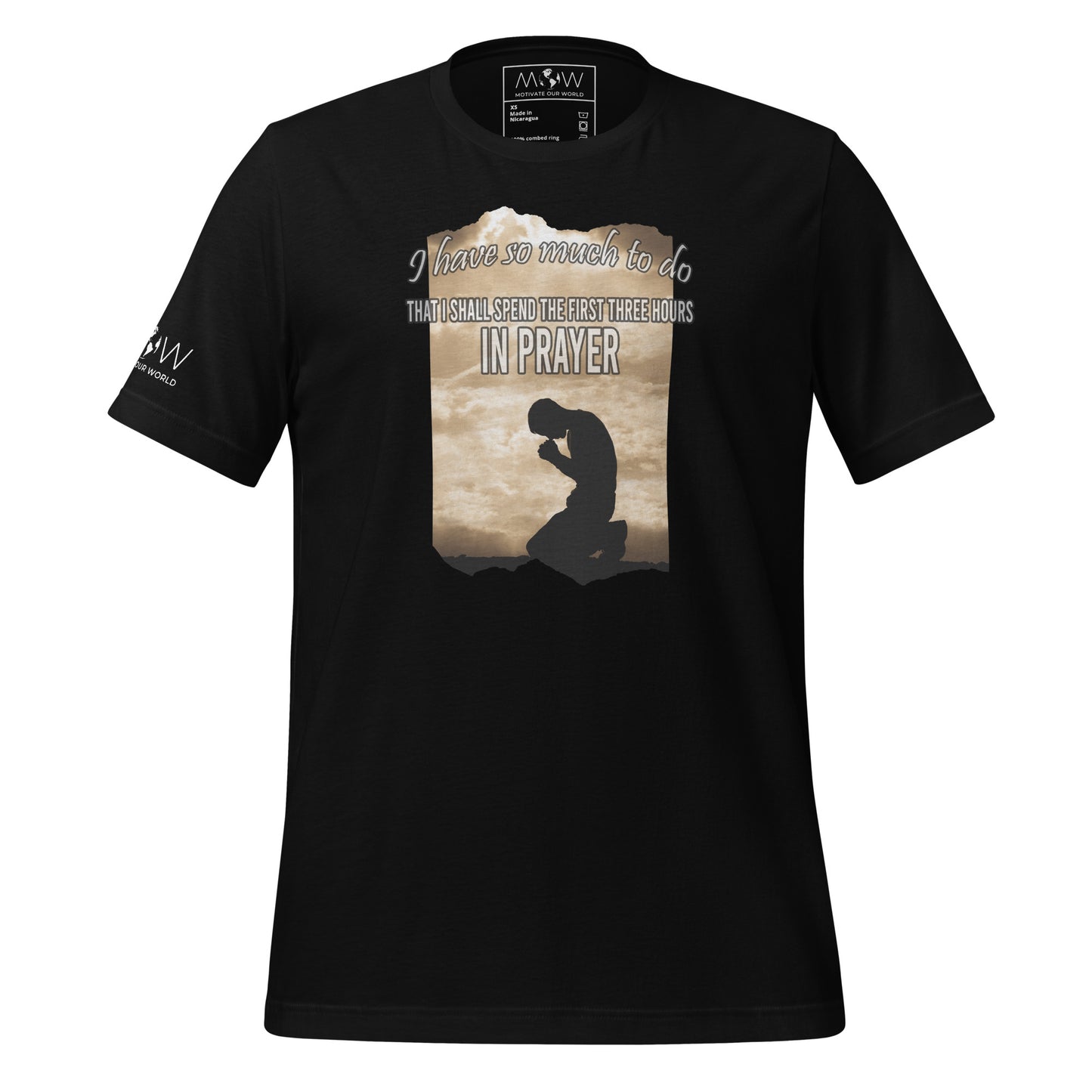 I SHALL SPEND THE FIRST THREE HOURS IN PRAYER Men's Motivational Black T-Shirt