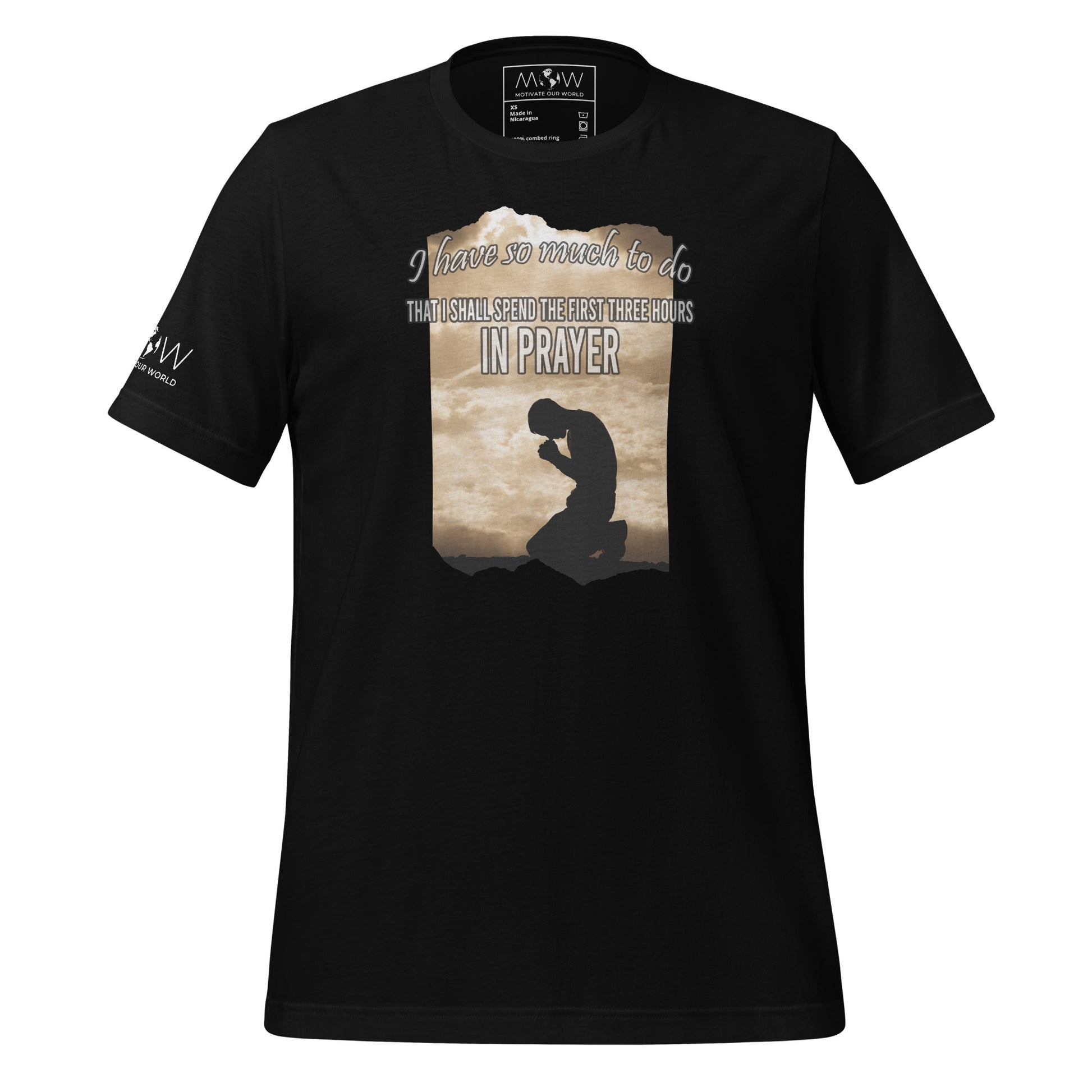 I SHALL SPEND THE FIRST THREE HOURS IN PRAYER Men's Motivational Black T-Shirt