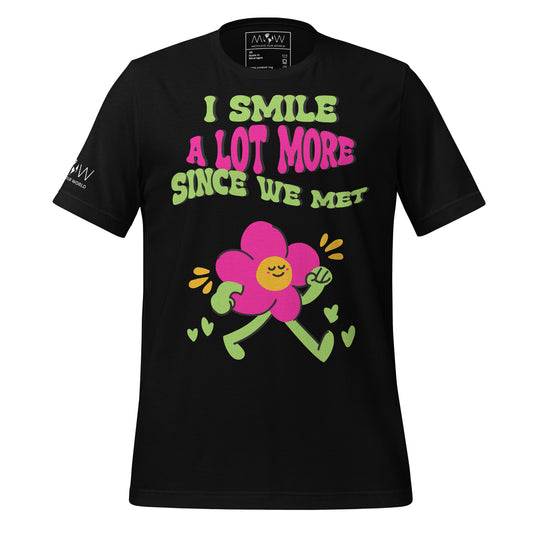 I Smile A Lot More Since We Met – Groovy Flower Edition Black Motivational Men's T-Shirt