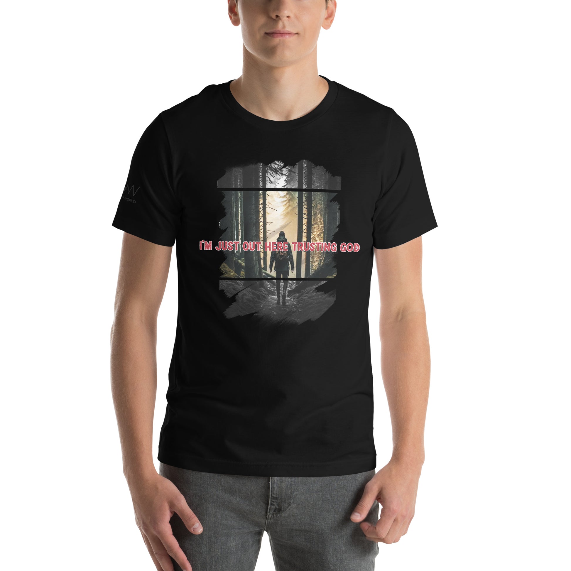 I'm Just Out Here Trusting God - Forest Journey Men's Motivational Black T-Shirt