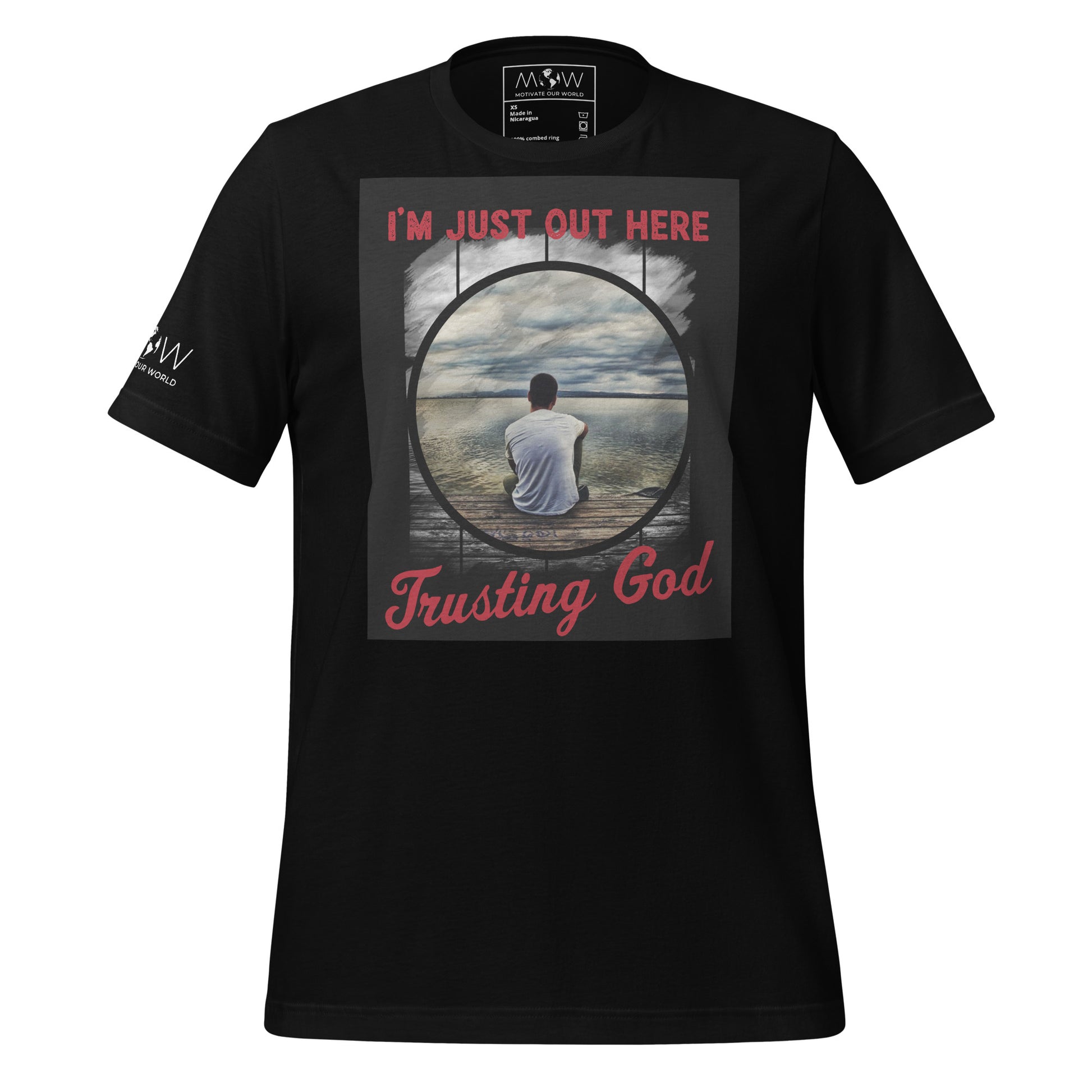 I'm Just Out Here Trusting God - Lakeside Reflection Men's Motivational Black T-Shirt