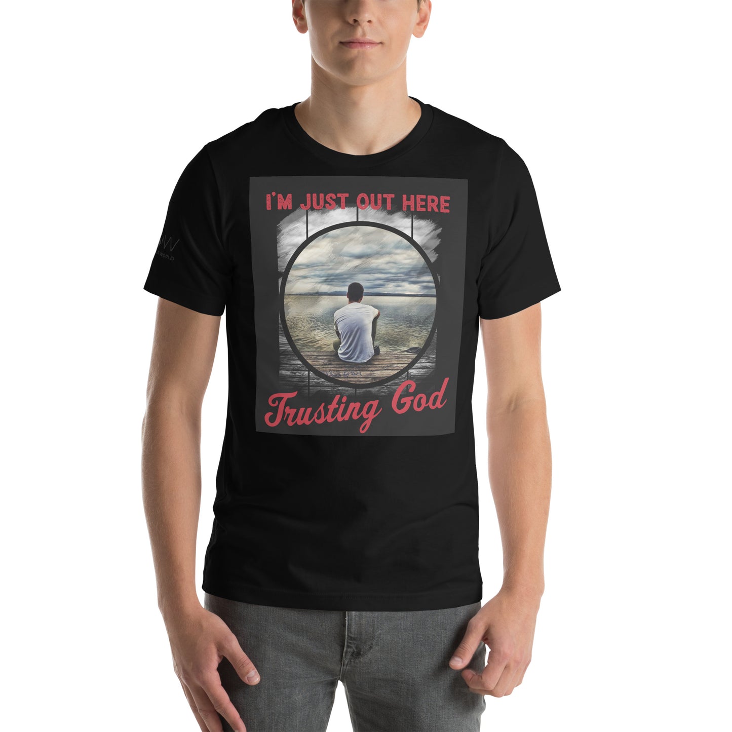 I'm Just Out Here Trusting God - Lakeside Reflection Men's Motivational Black T-Shirt