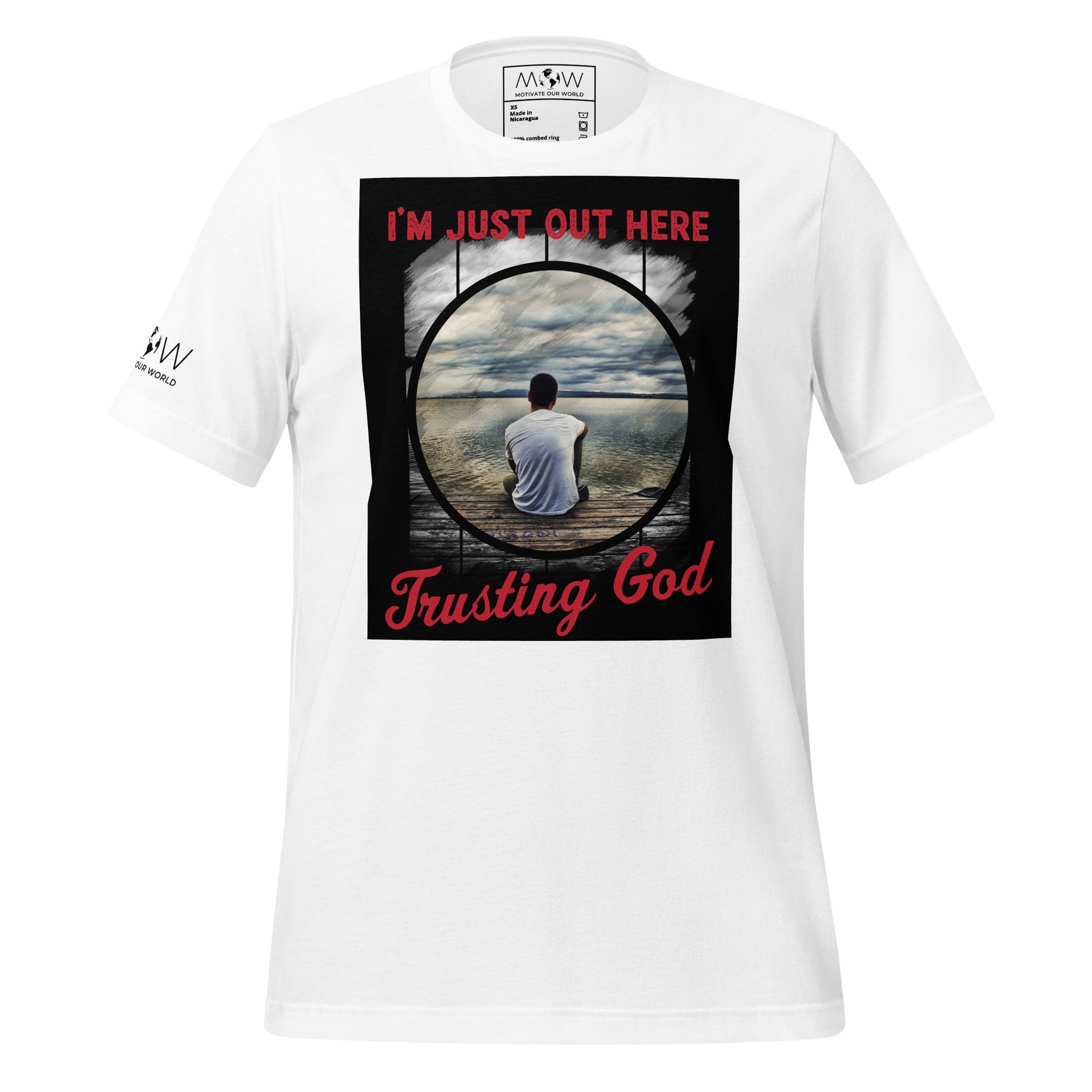I'm Just Out Here Trusting God - Lakeside Reflection Men's Motivational White T-Shirt